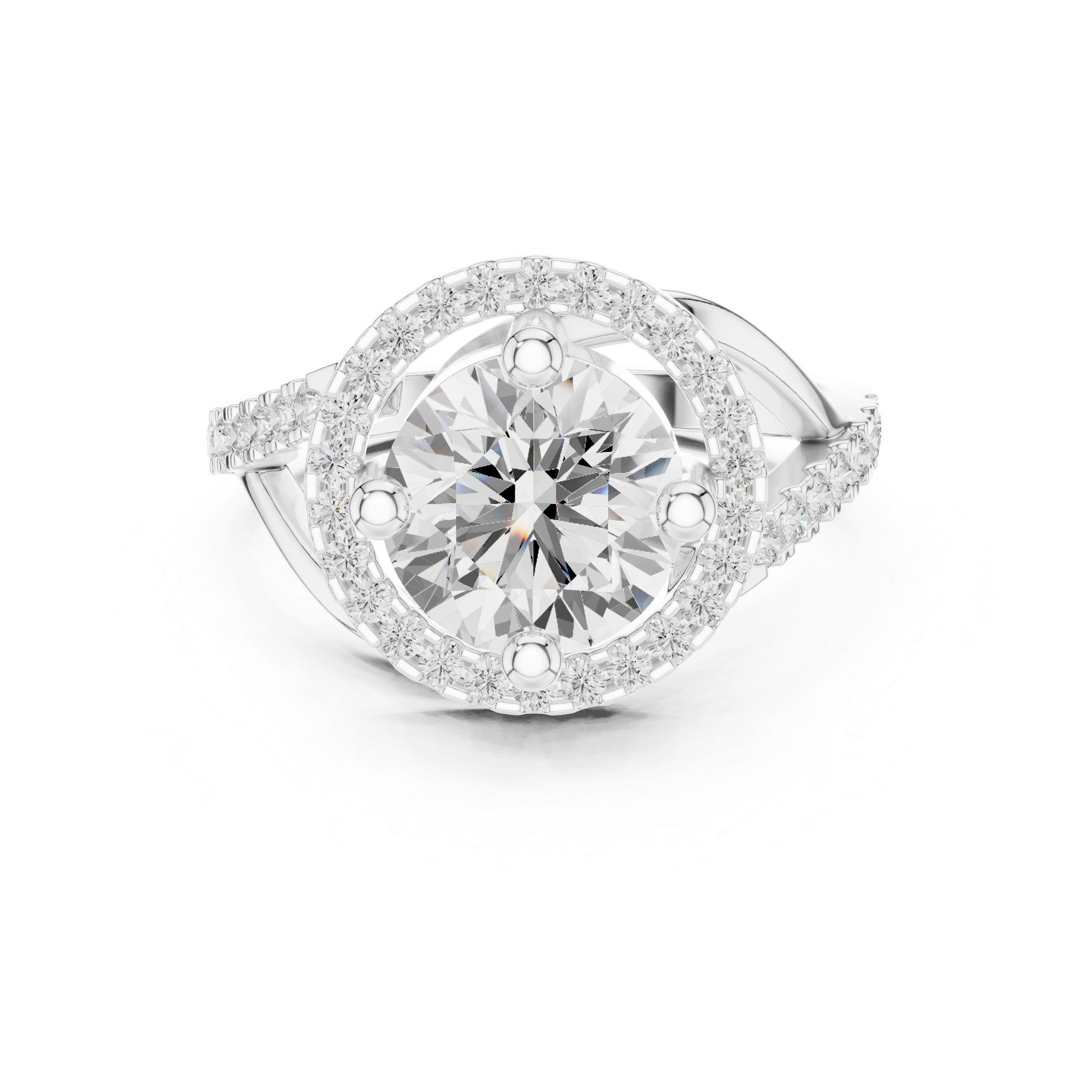A luxurious ring featuring a central diamond surrounded by a halo of smaller diamonds.