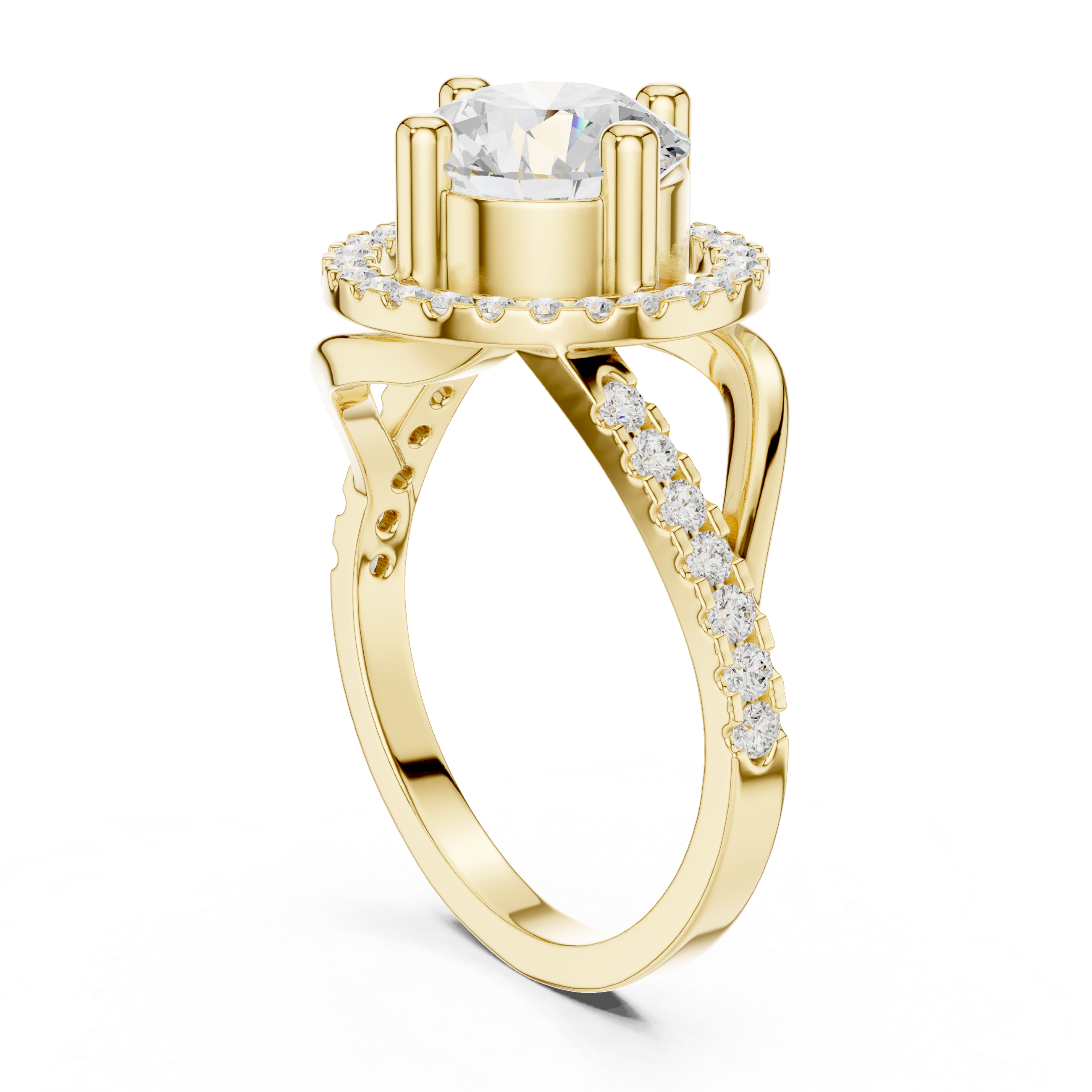 A luxurious ring featuring a central diamond surrounded by a halo of smaller diamonds.
