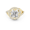 A luxurious ring featuring a central diamond surrounded by a halo of smaller diamonds.