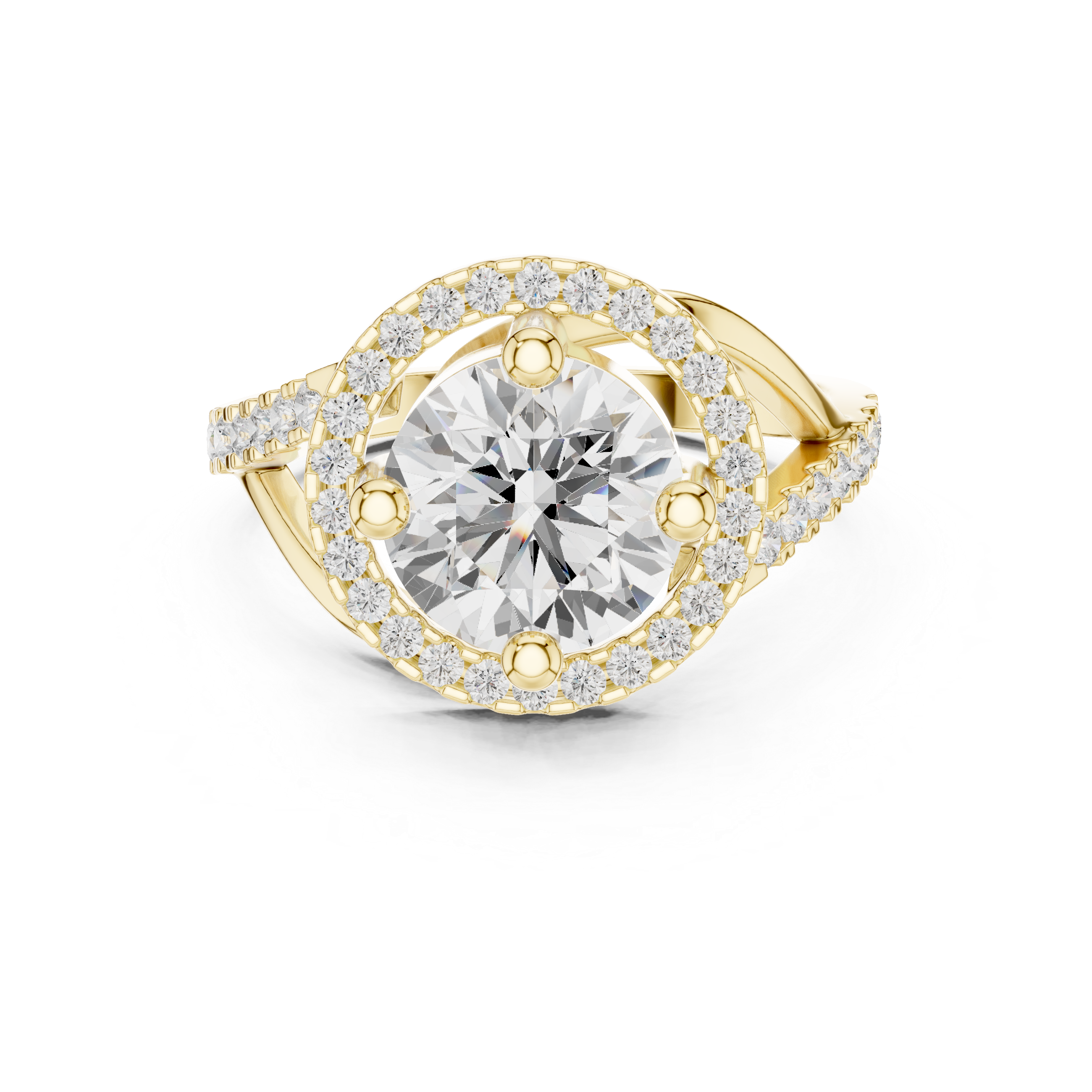 A luxurious ring featuring a central diamond surrounded by a halo of smaller diamonds.