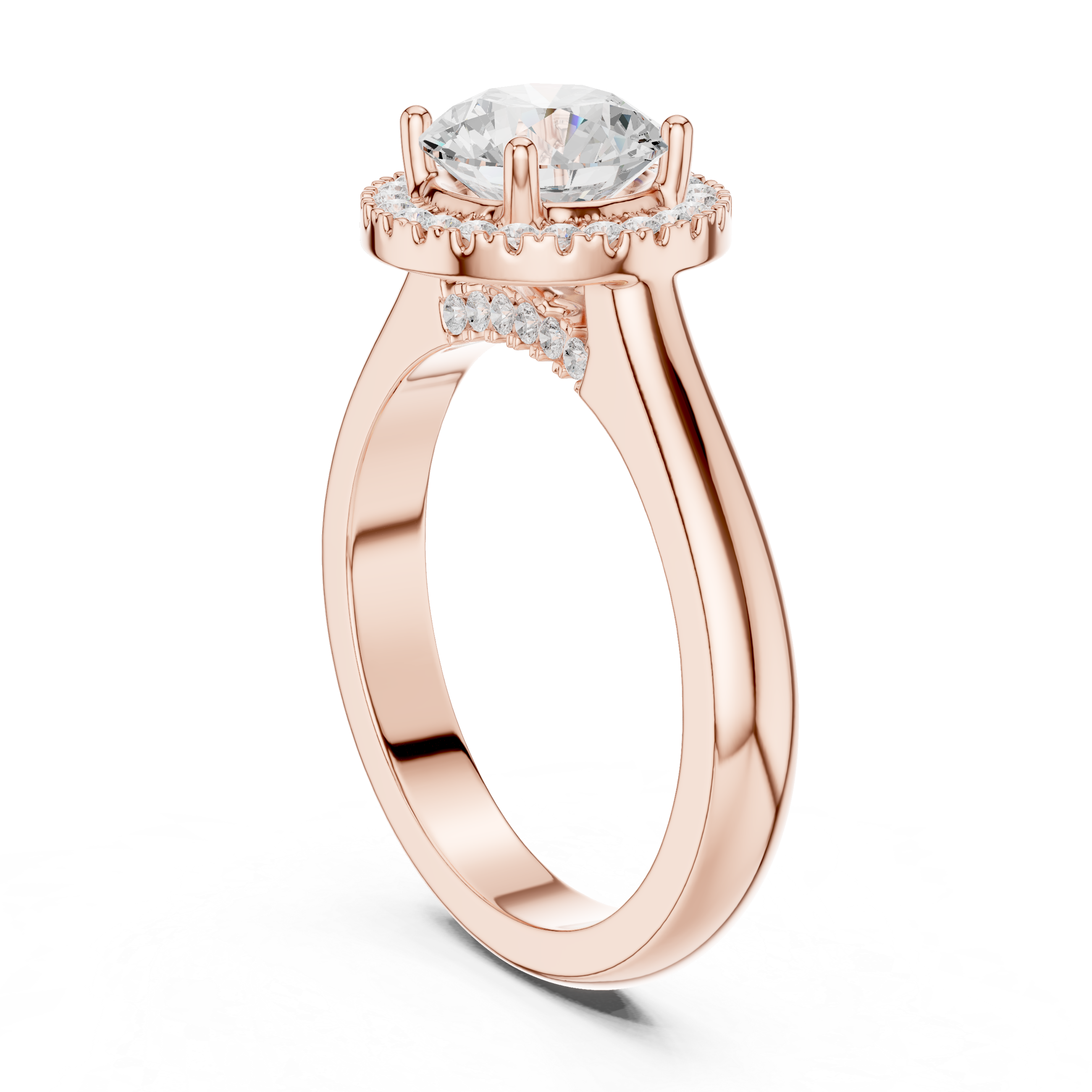 Round cut diamond halo ring with a classic polished band.