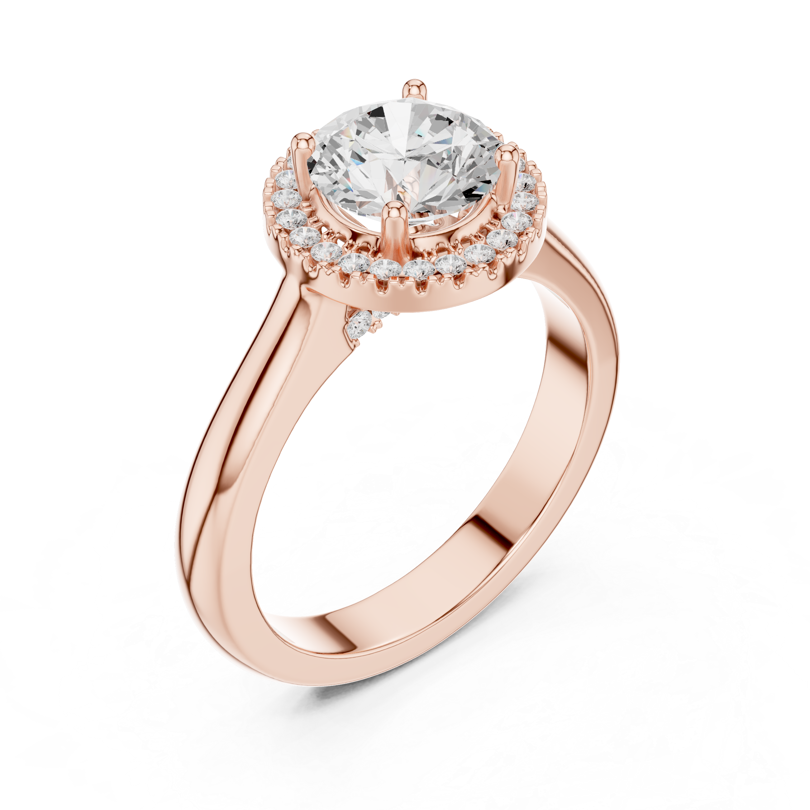 Round cut diamond halo ring with a classic polished band.