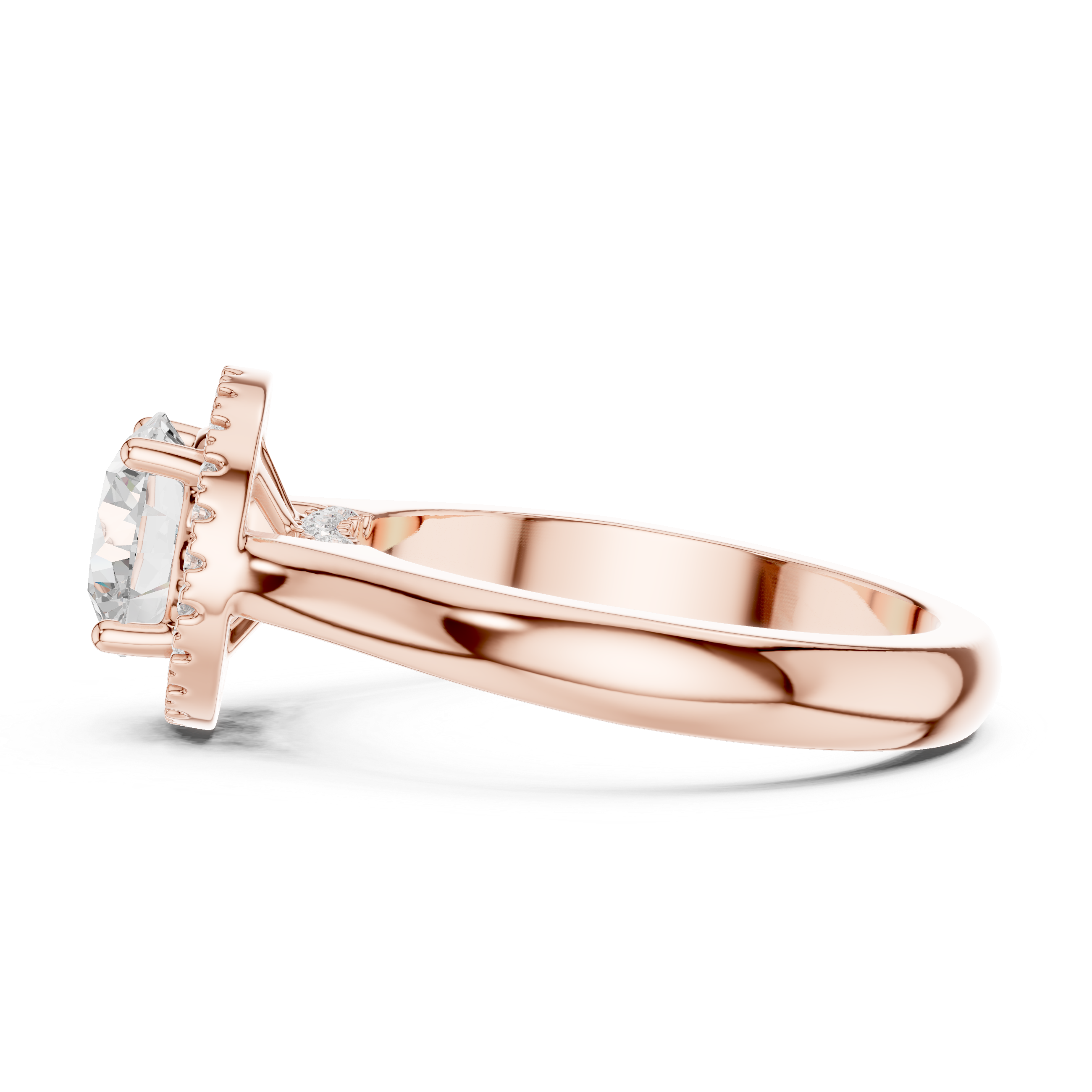 Round cut diamond halo ring with a classic polished band.