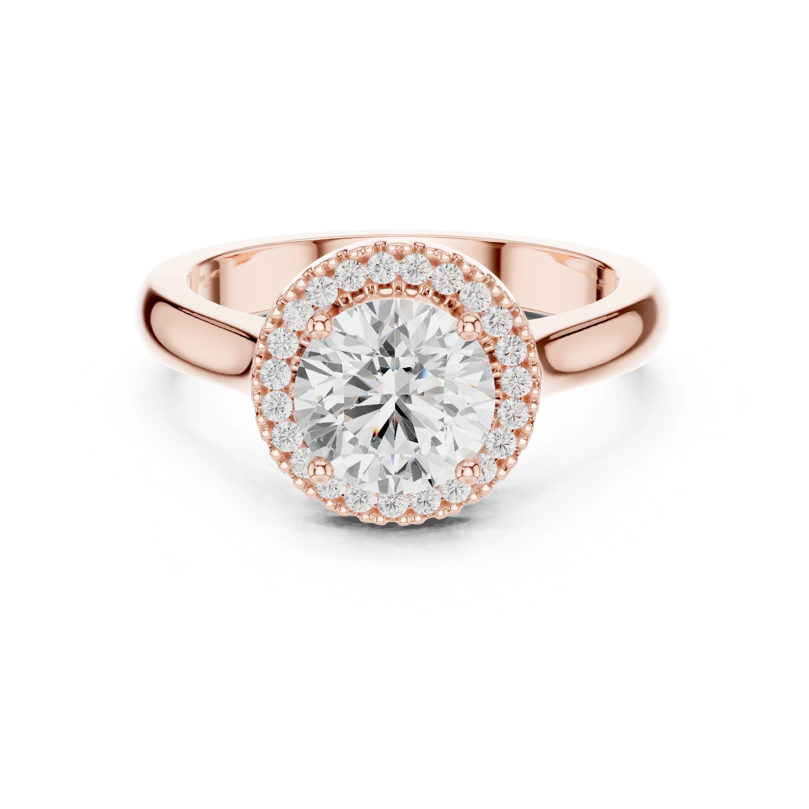 Round cut diamond halo ring with a classic polished band.