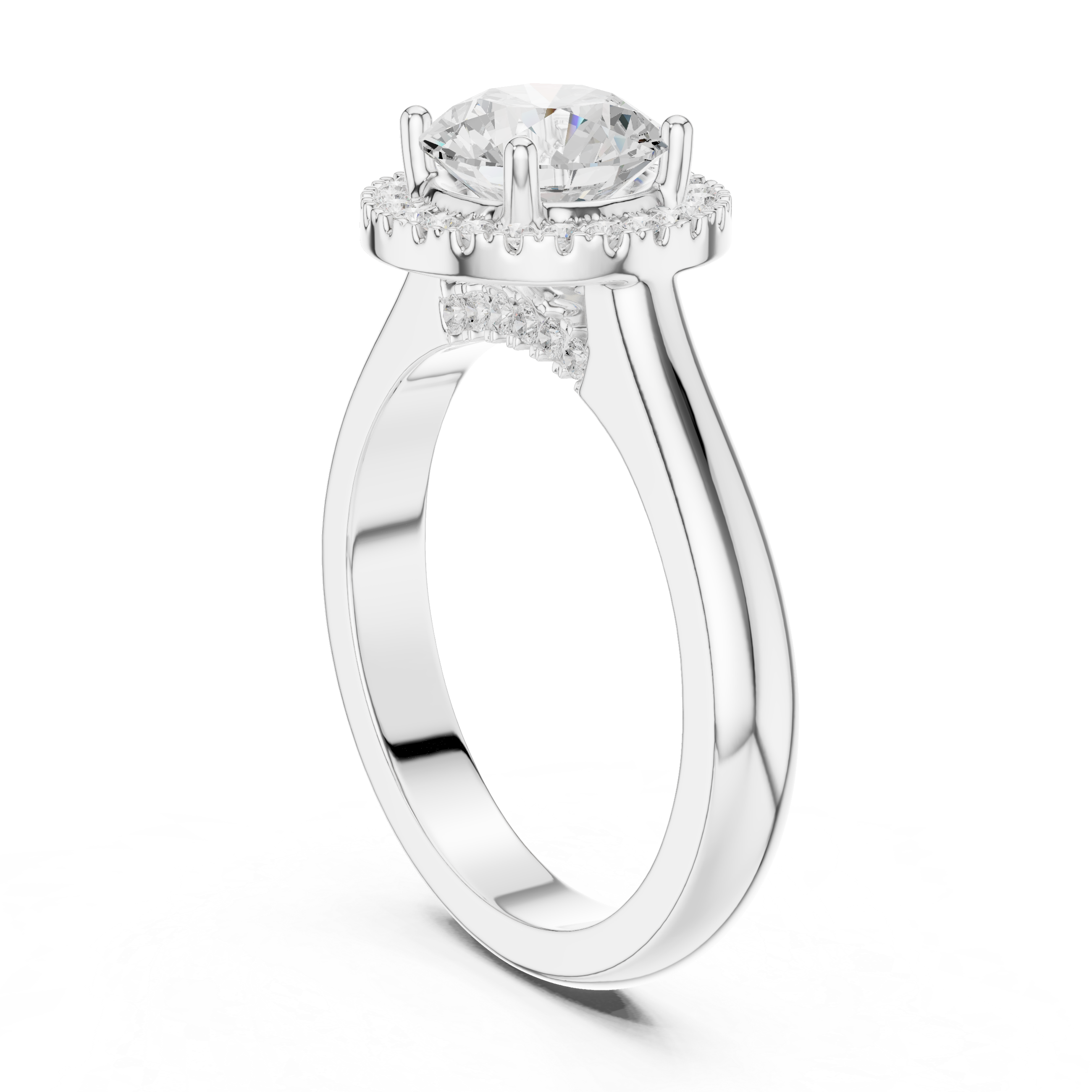 Round cut diamond halo ring with a classic polished band.