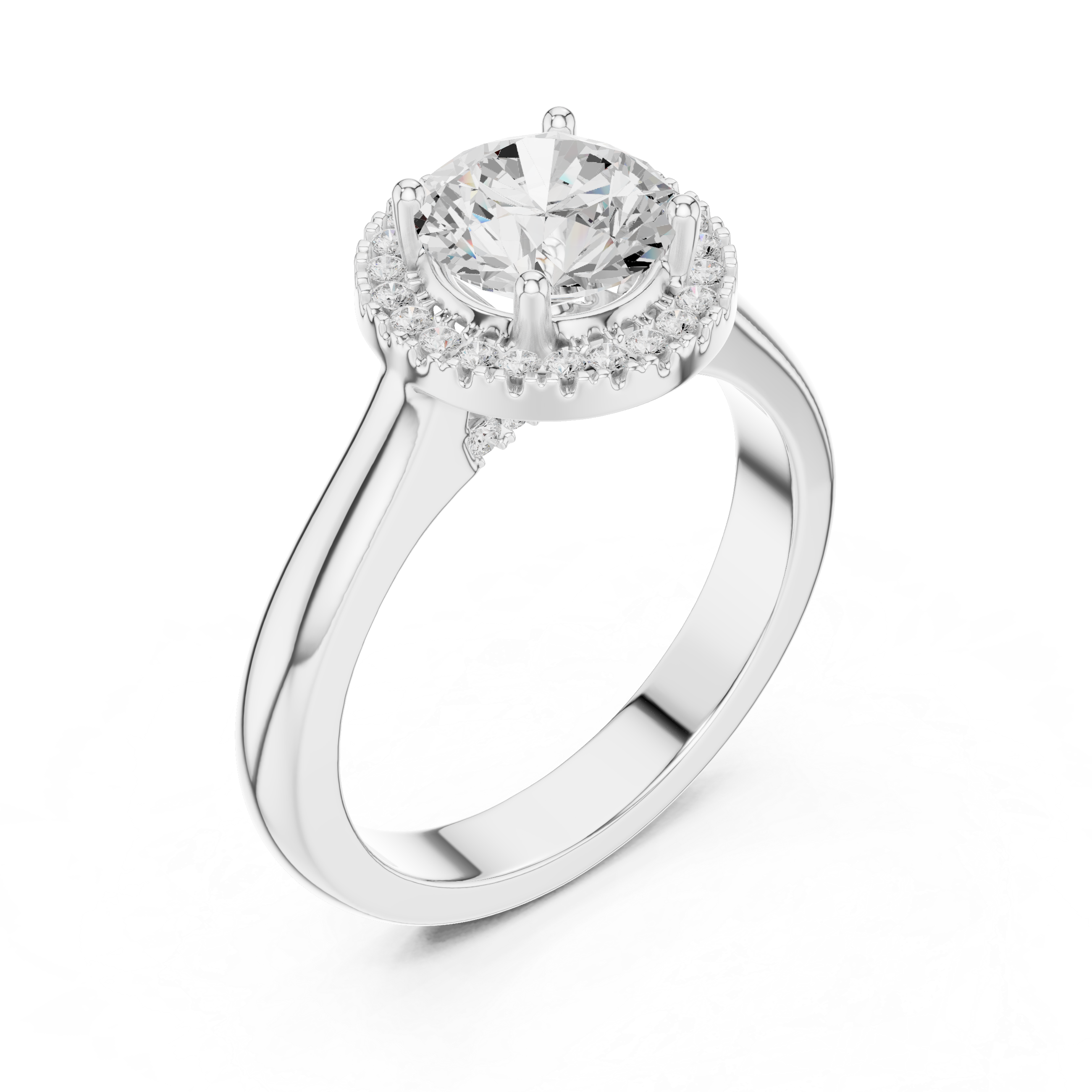 Round cut diamond halo ring with a classic polished band.