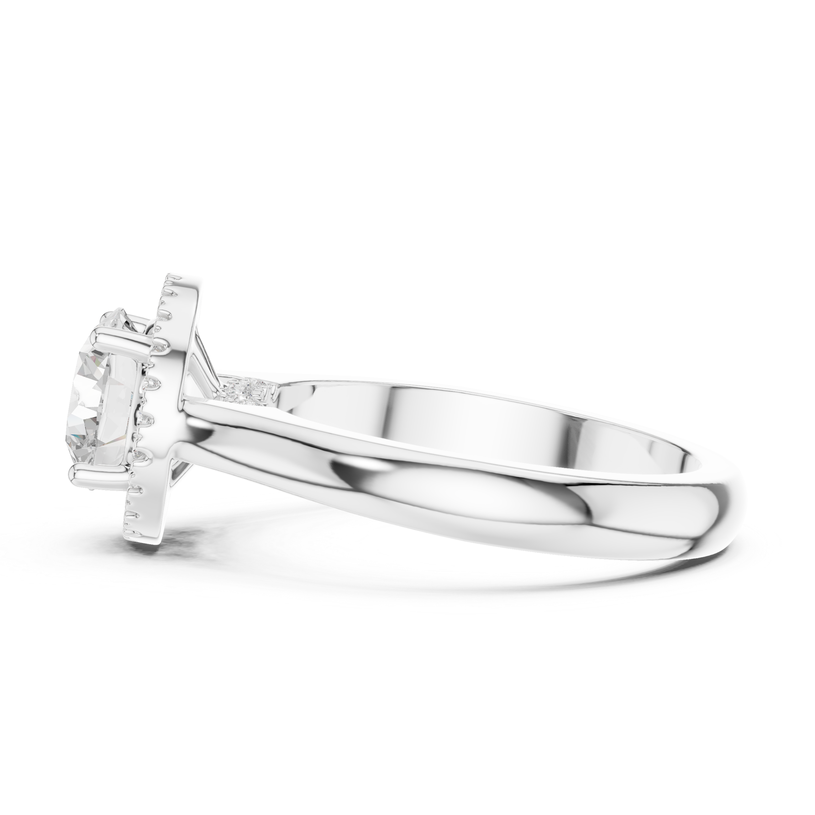 Round cut diamond halo ring with a classic polished band.