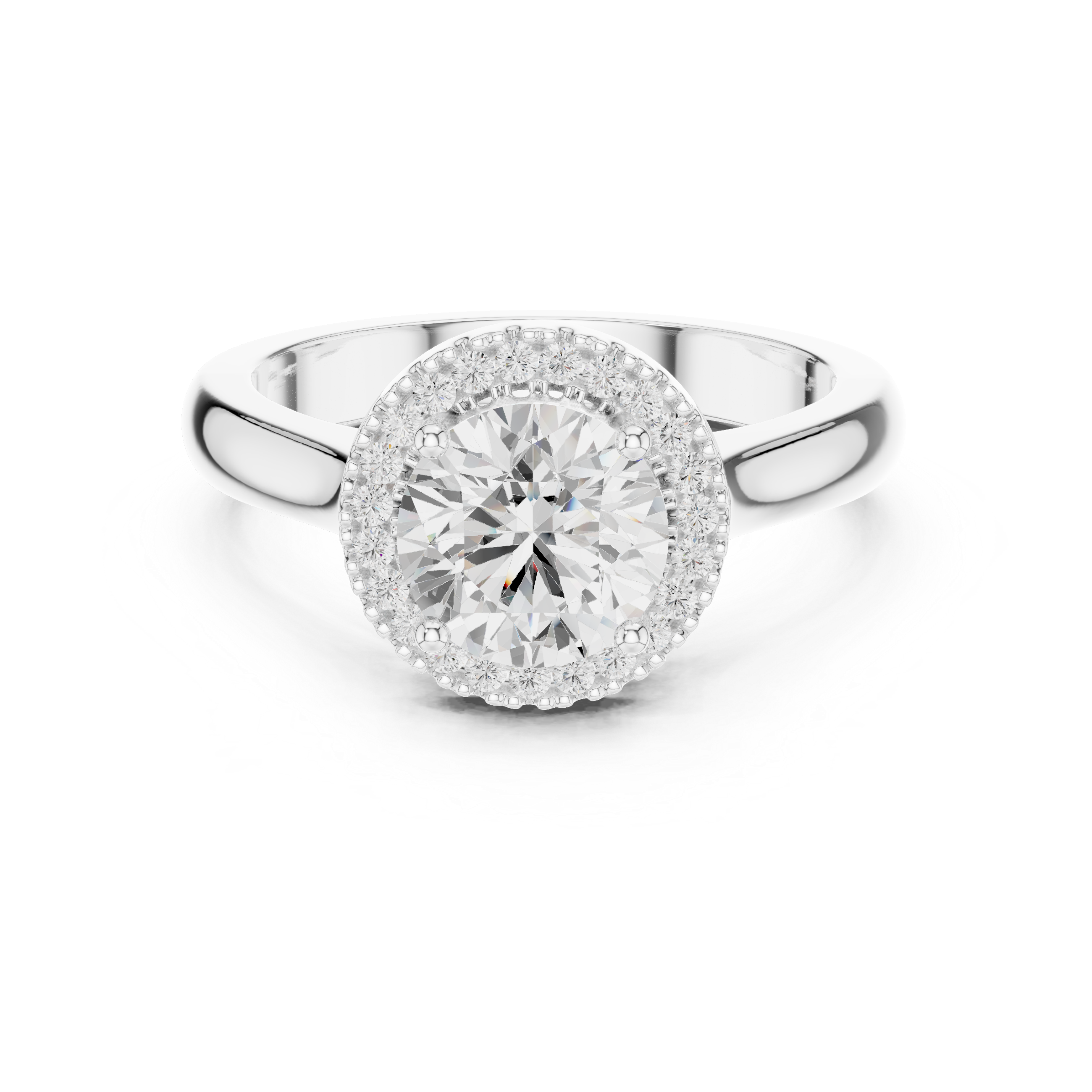 Round cut diamond halo ring with a classic polished band.