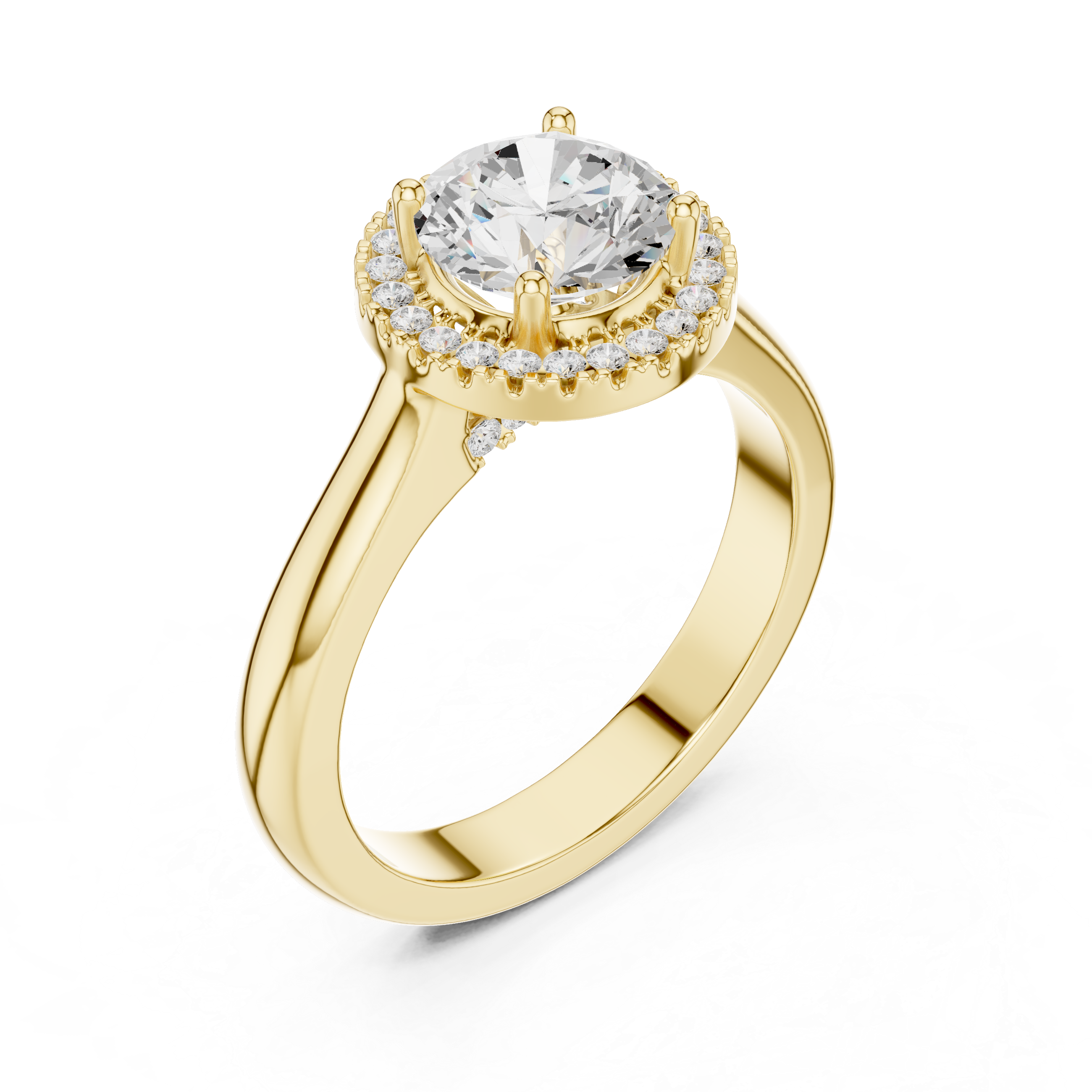 Round cut diamond halo ring with a classic polished band.