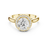 Round cut diamond halo ring with a classic polished band.