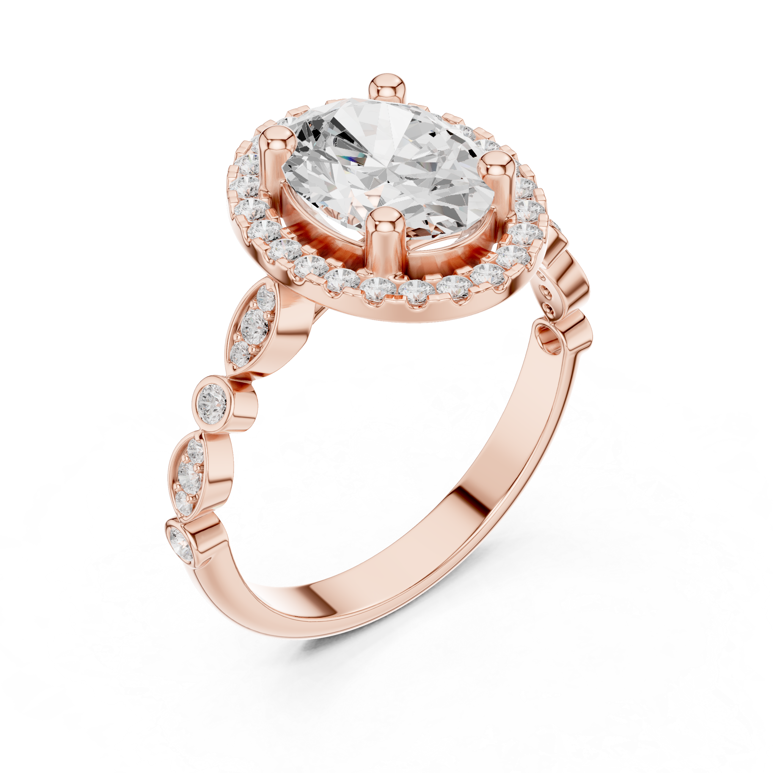 Oval cut diamond halo ring with a diamond-accented band.