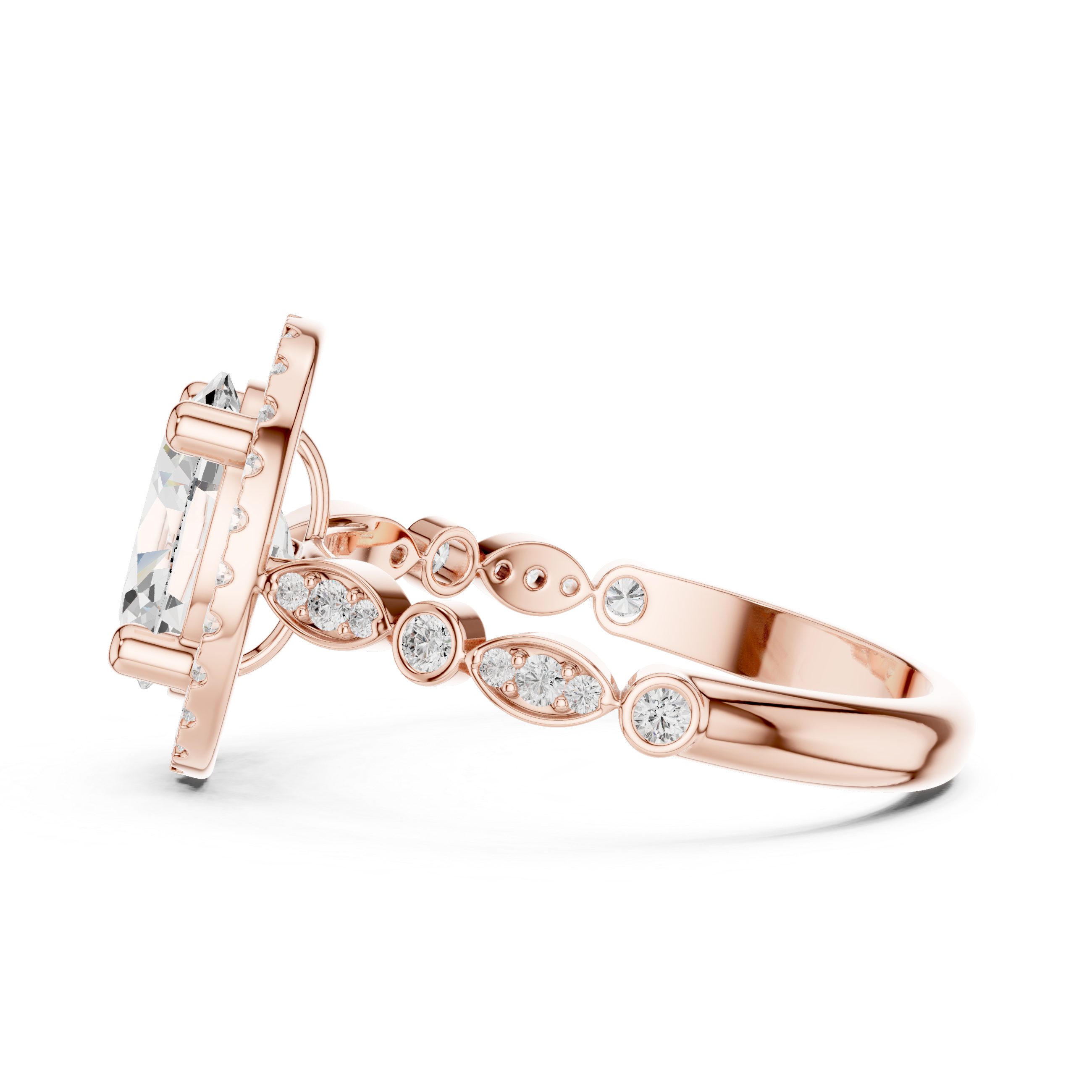 Oval cut diamond halo ring with a diamond-accented band.