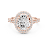 Oval cut diamond halo ring with a diamond-accented band.