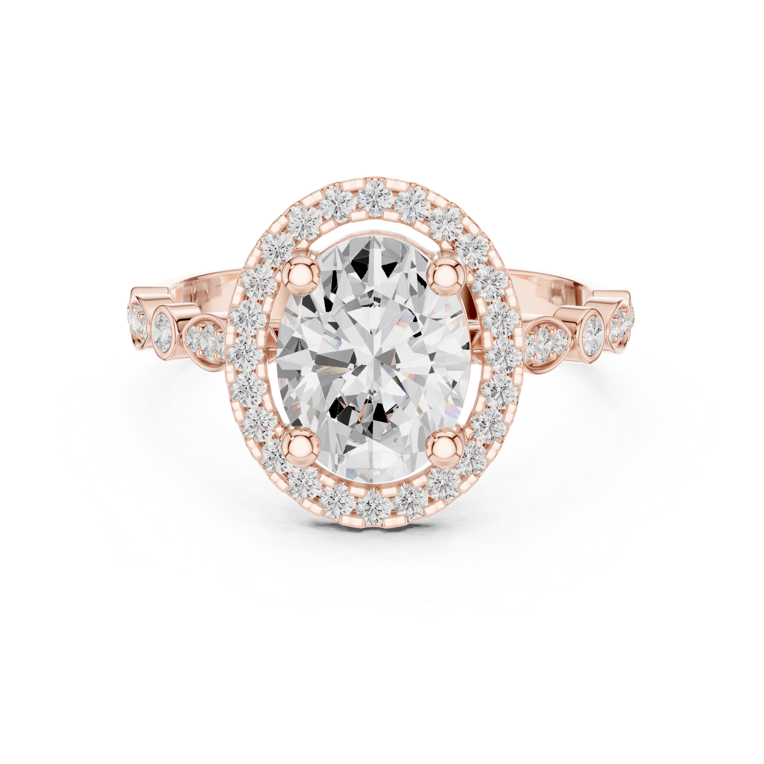 Oval cut diamond halo ring with a diamond-accented band.