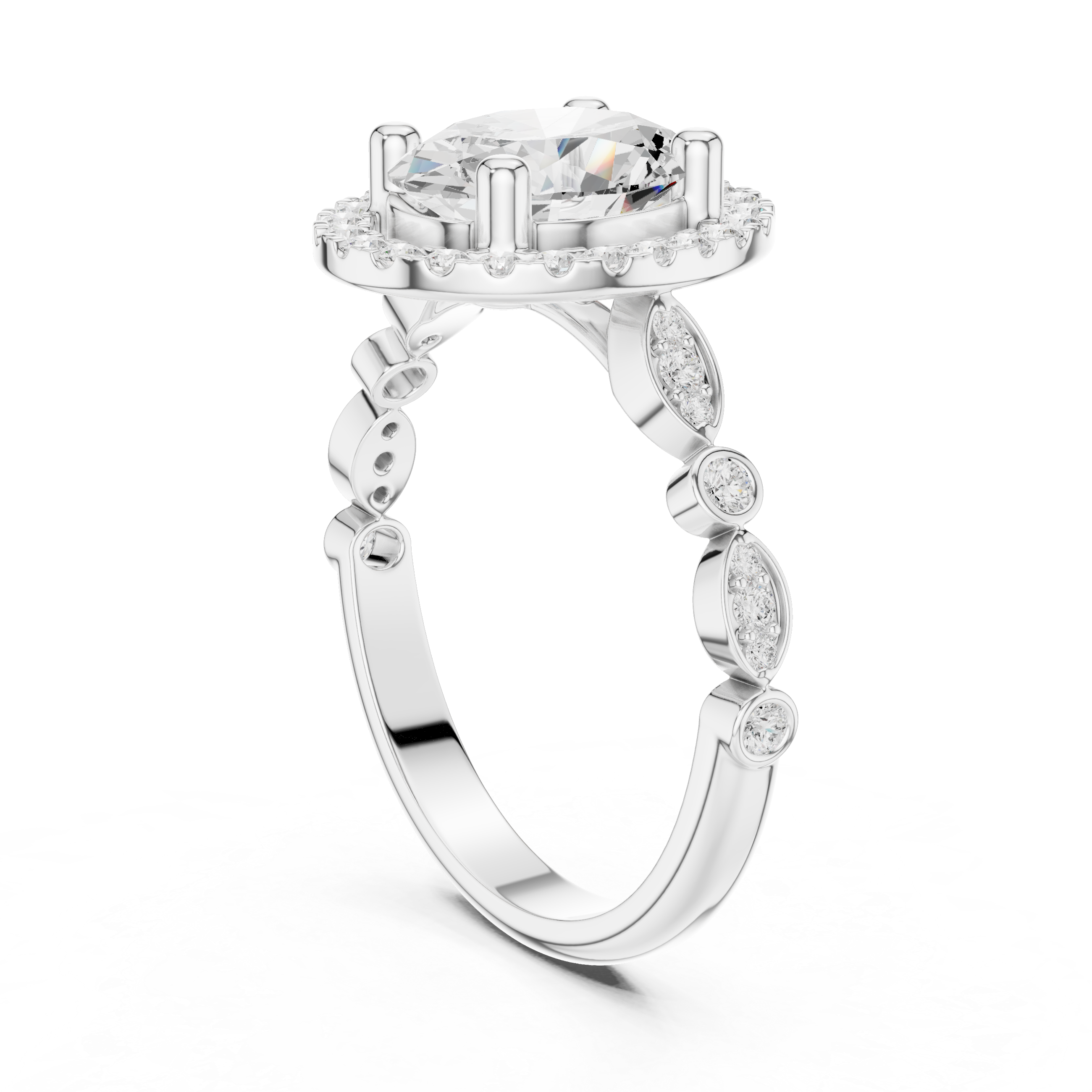 Oval cut diamond halo ring with a diamond-accented band.