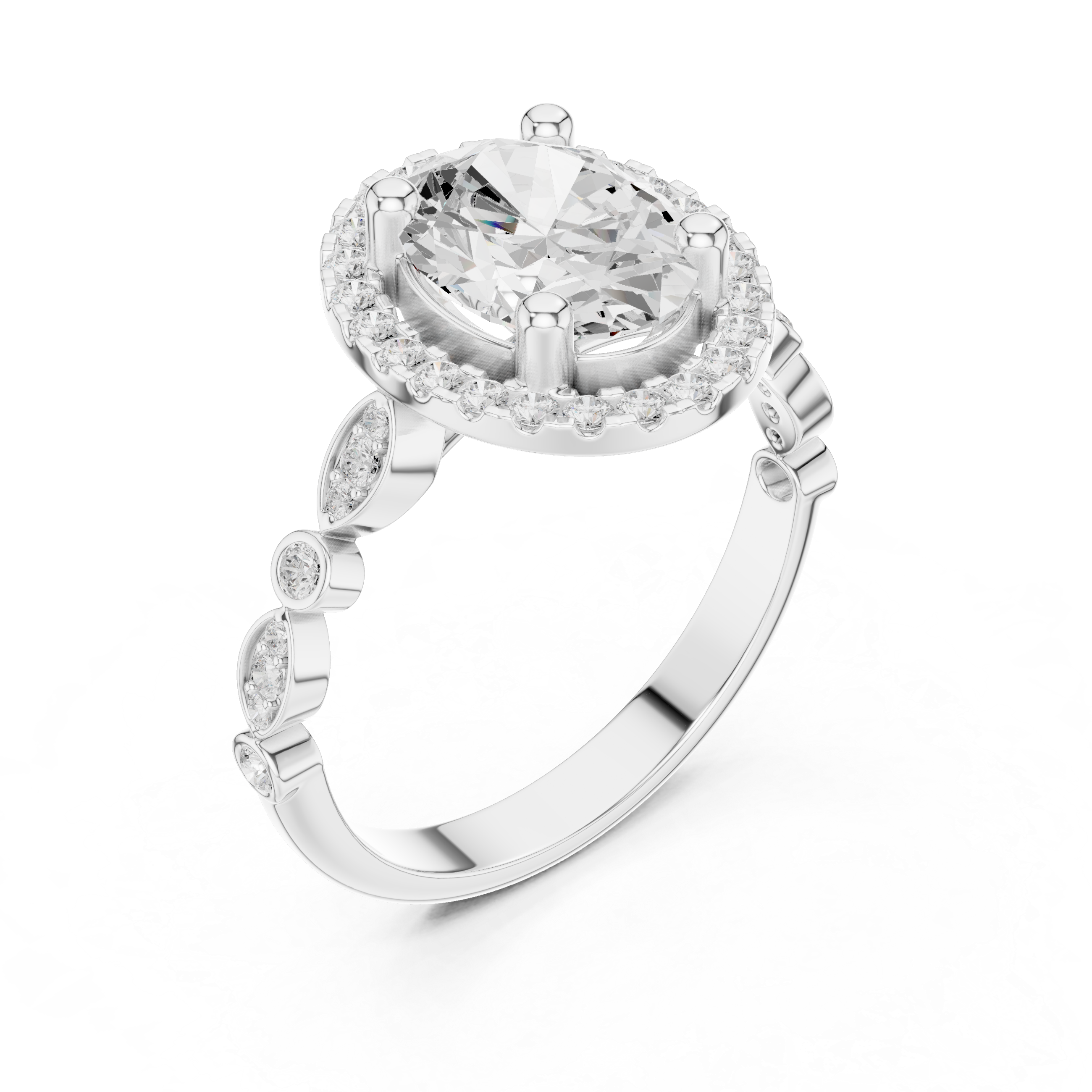 Oval cut diamond halo ring with a diamond-accented band.