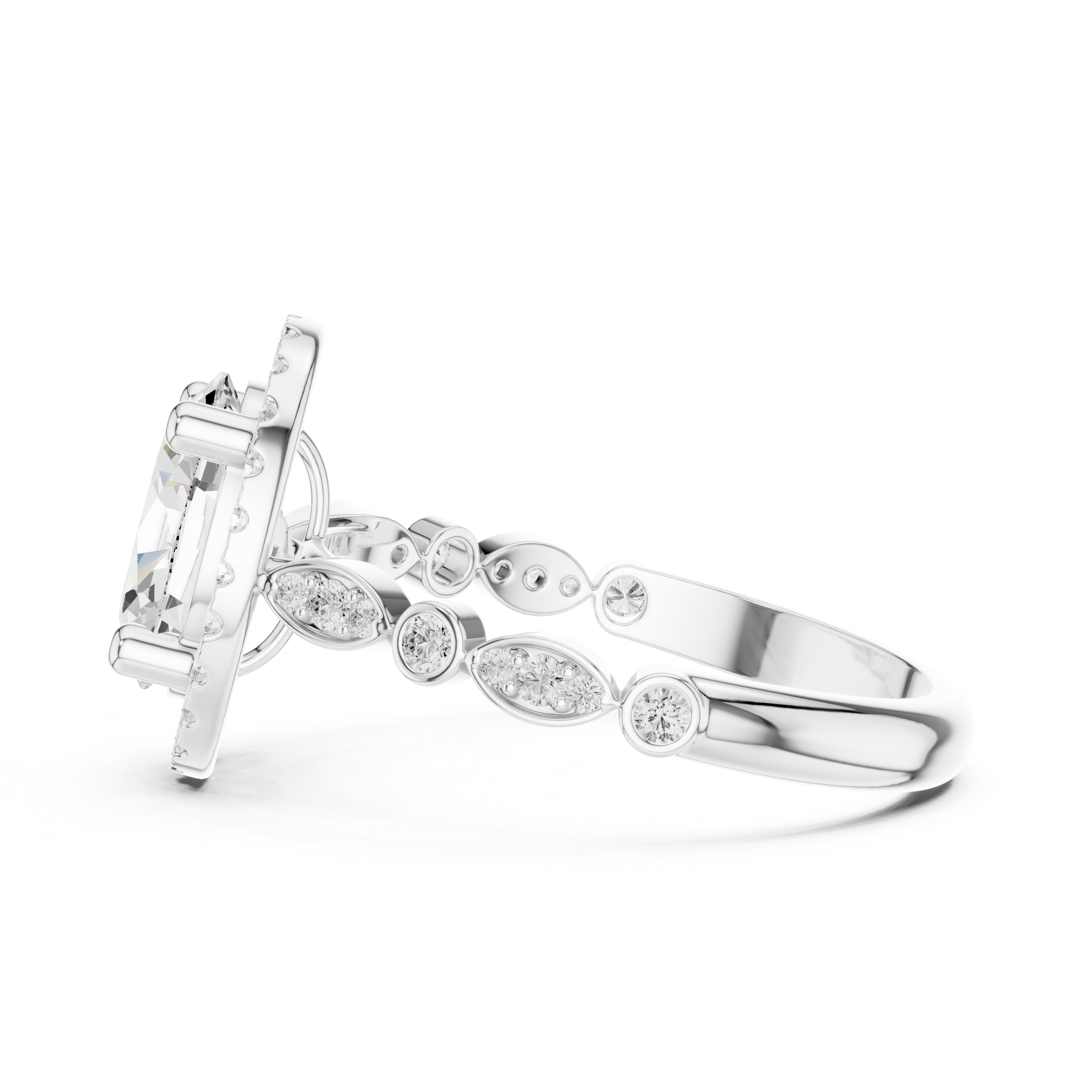 Oval cut diamond halo ring with a diamond-accented band.