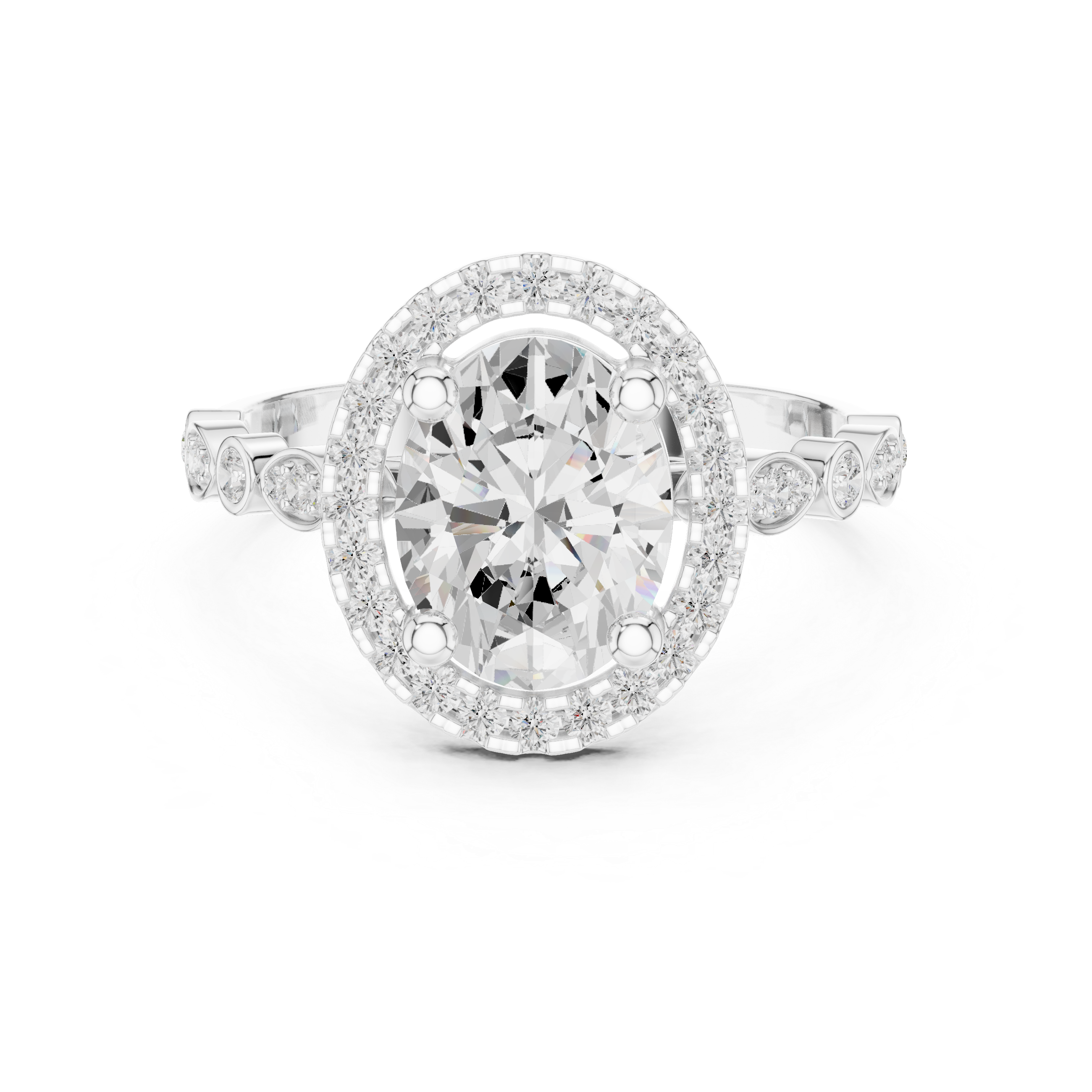 Oval cut diamond halo ring with a diamond-accented band.