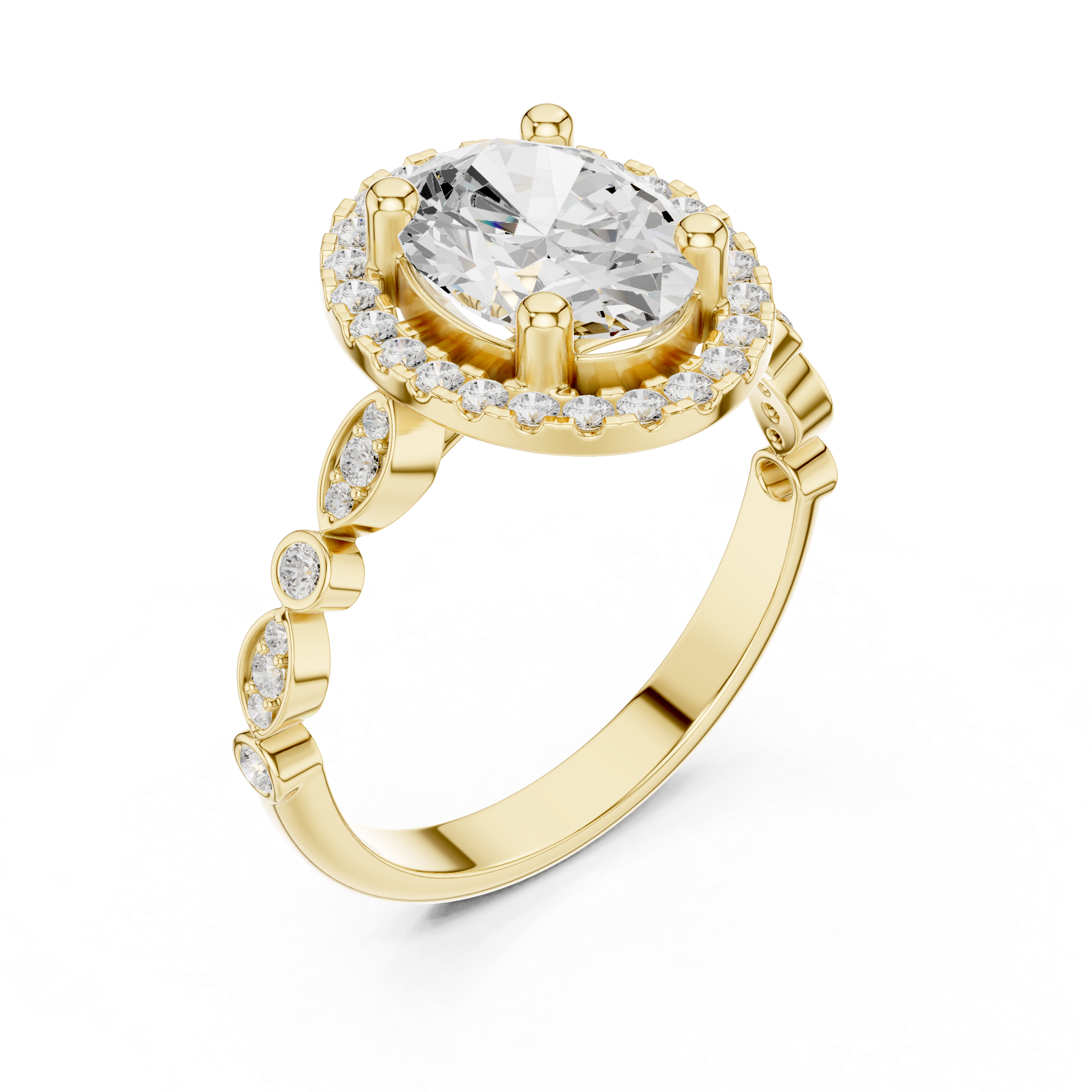 Oval cut diamond halo ring with a diamond-accented band.