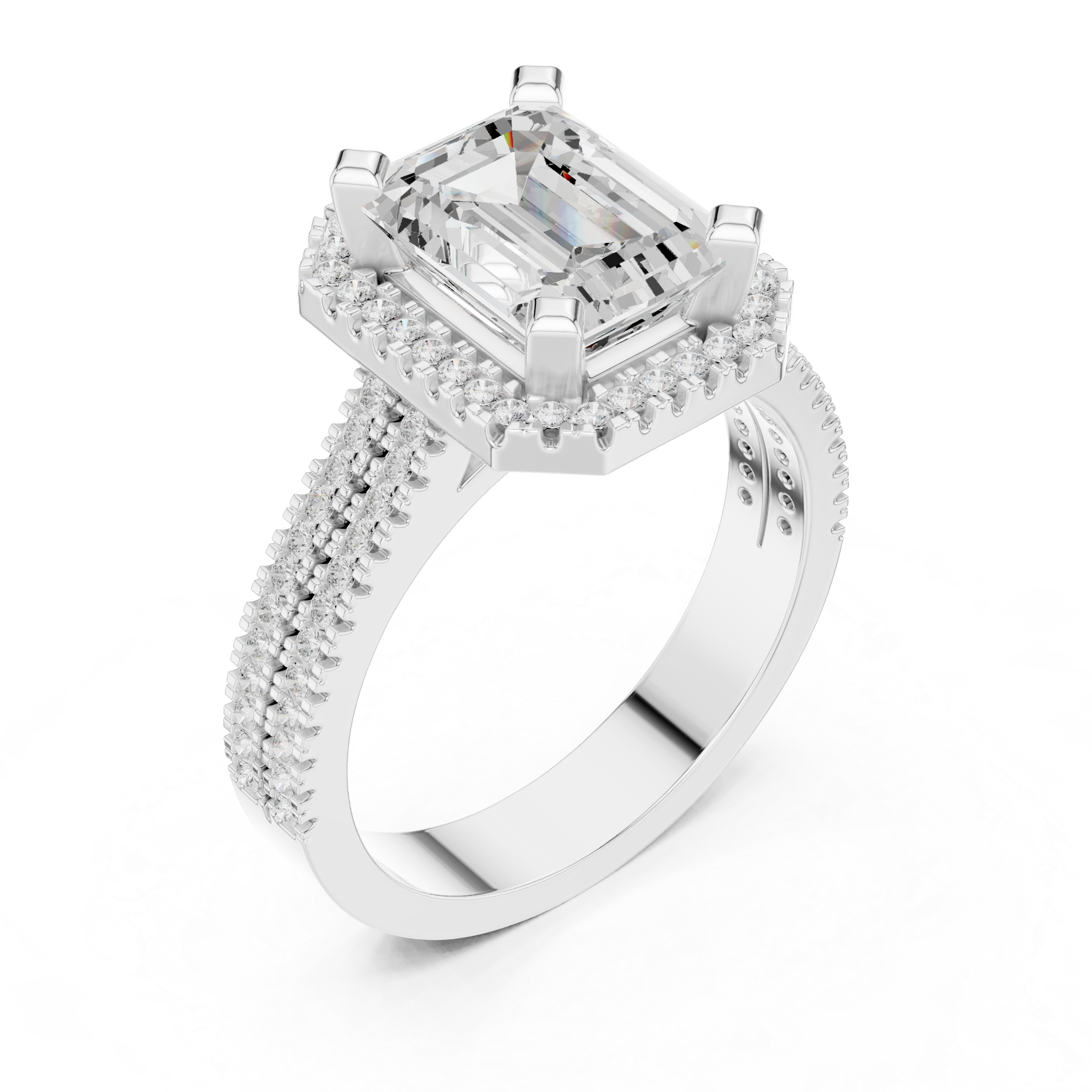 Emerald cut diamond halo ring with a triple pav‚ diamond band.