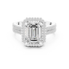 Emerald cut diamond halo ring with a triple pav‚ diamond band.