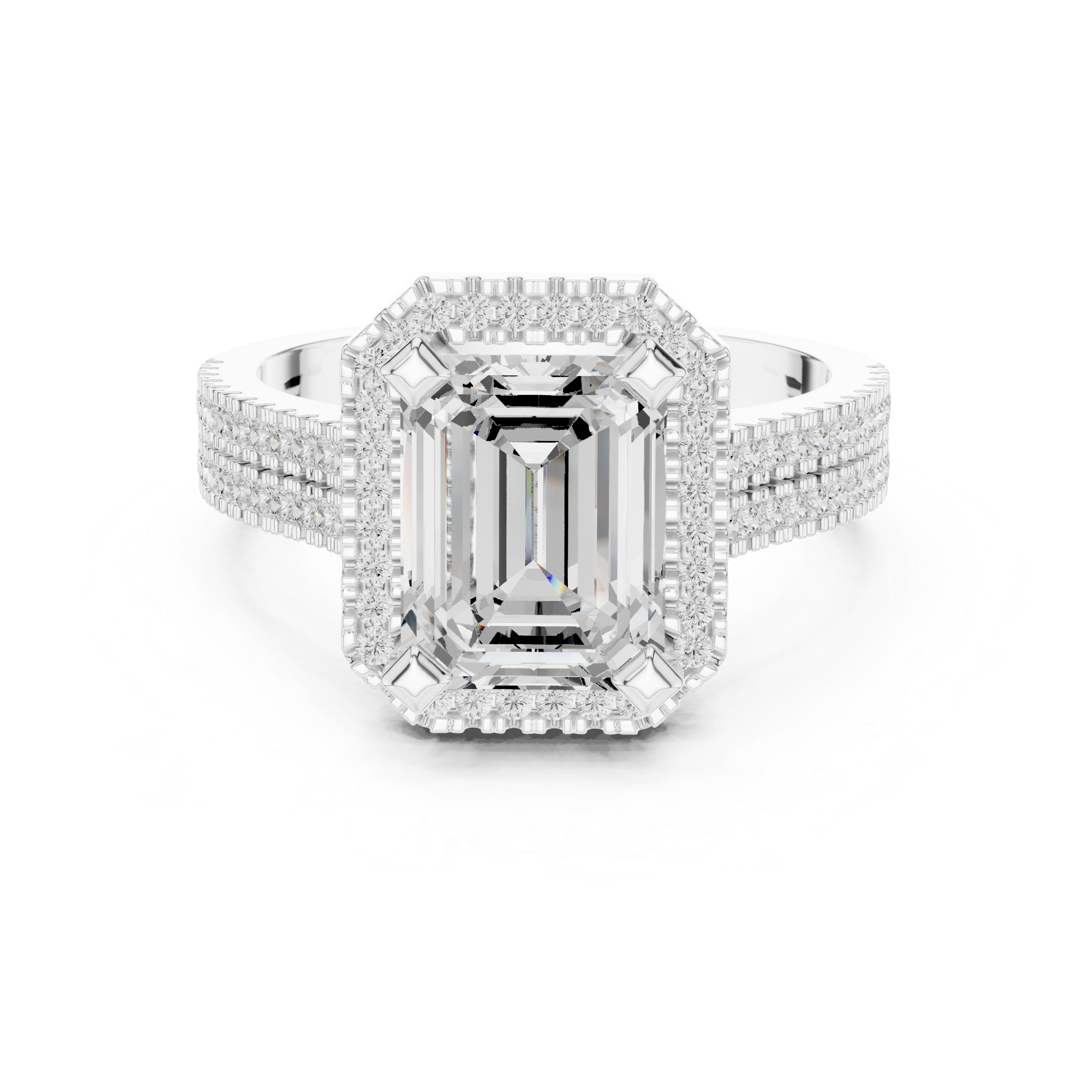 Emerald cut diamond halo ring with a triple pav‚ diamond band.