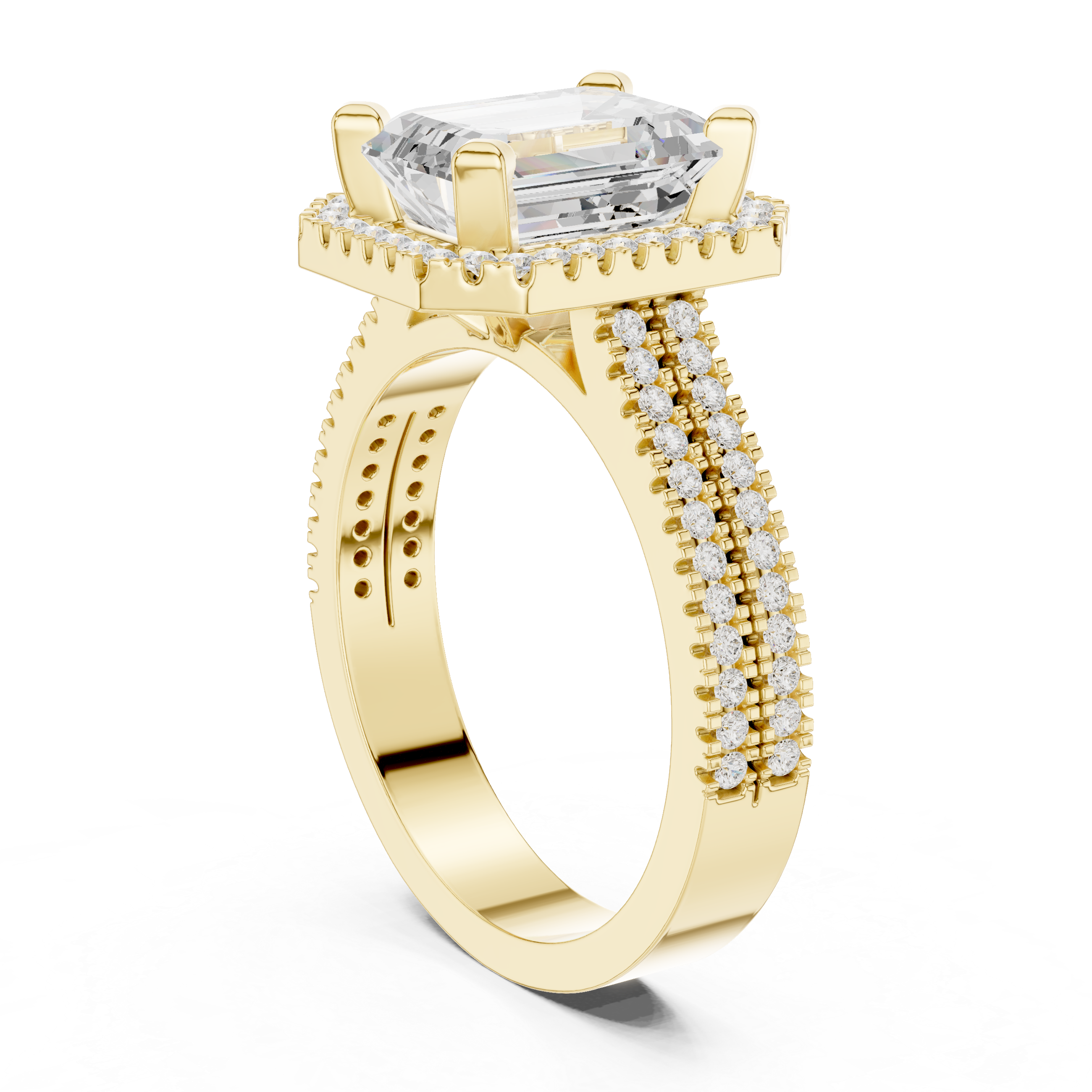 Emerald cut diamond halo ring with a triple pav‚ diamond band.