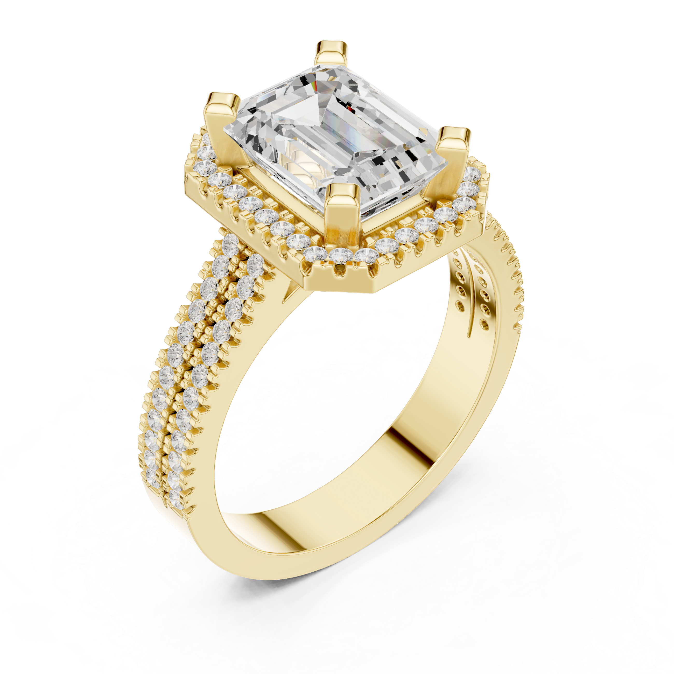 Emerald cut diamond halo ring with a triple pav‚ diamond band.