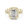 Emerald cut diamond halo ring with a triple pav‚ diamond band.