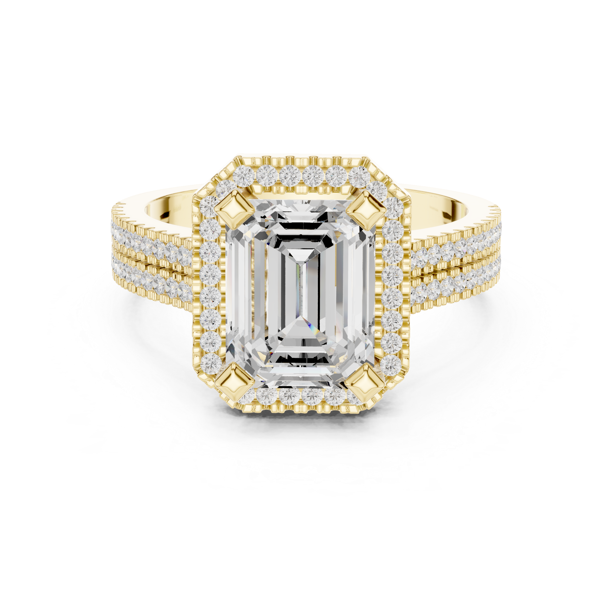 Emerald cut diamond halo ring with a triple pav‚ diamond band.