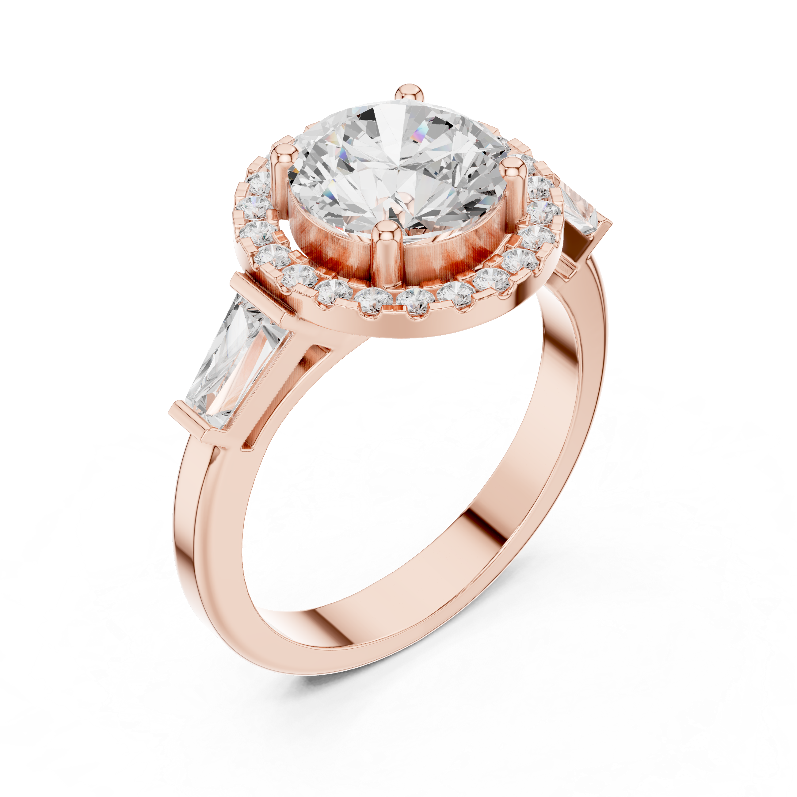 Round cut diamond halo ring with tapered baguette side stones.