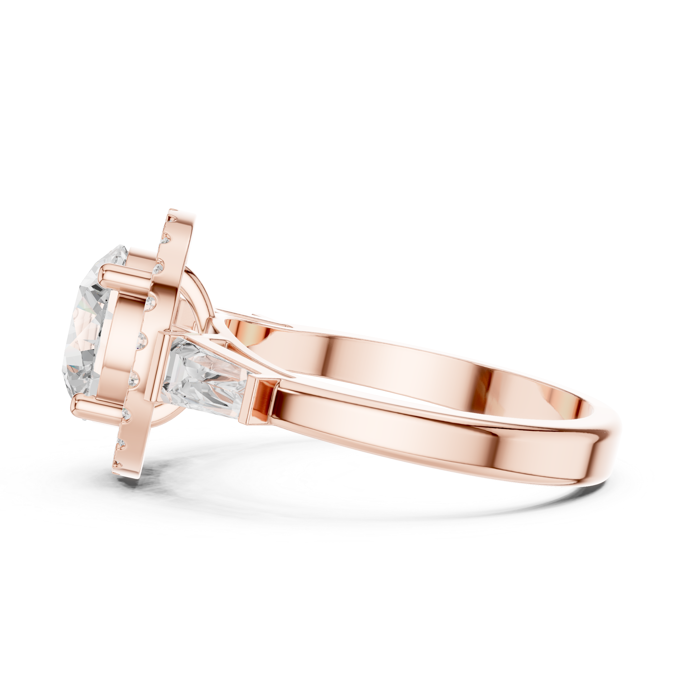 Round cut diamond halo ring with tapered baguette side stones.