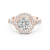 Round cut diamond halo ring with tapered baguette side stones.
