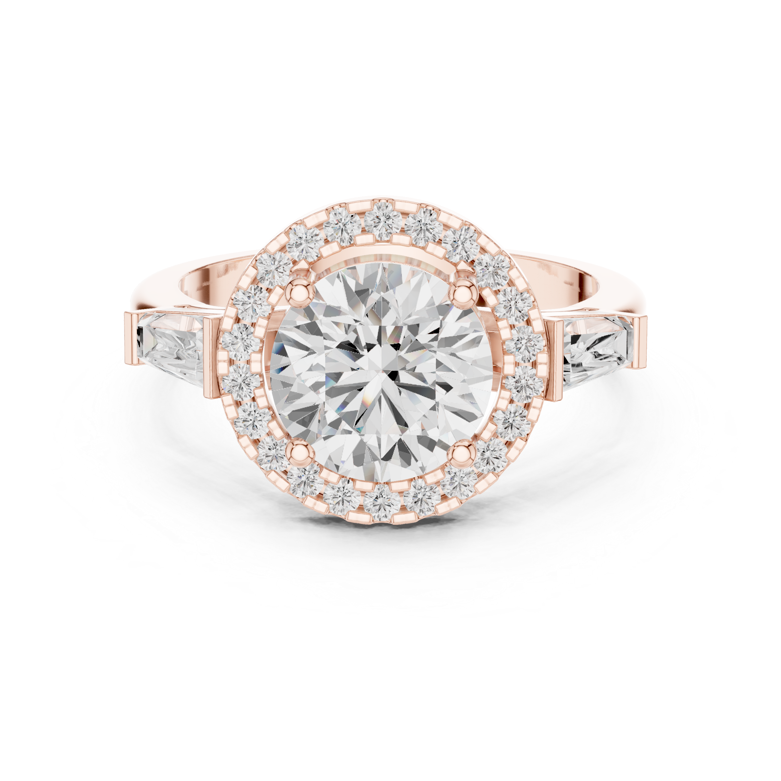 Round cut diamond halo ring with tapered baguette side stones.