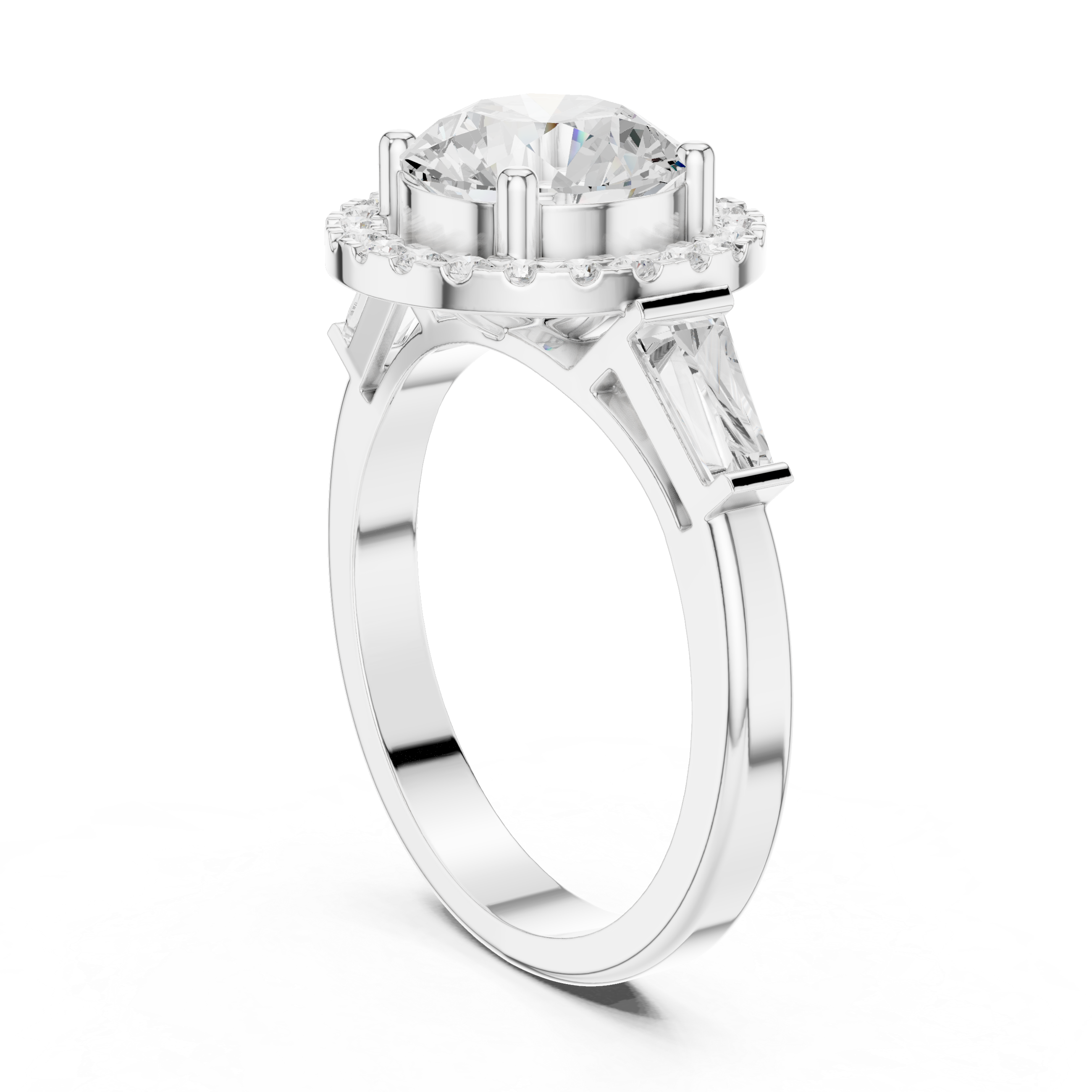 Round cut diamond halo ring with tapered baguette side stones.