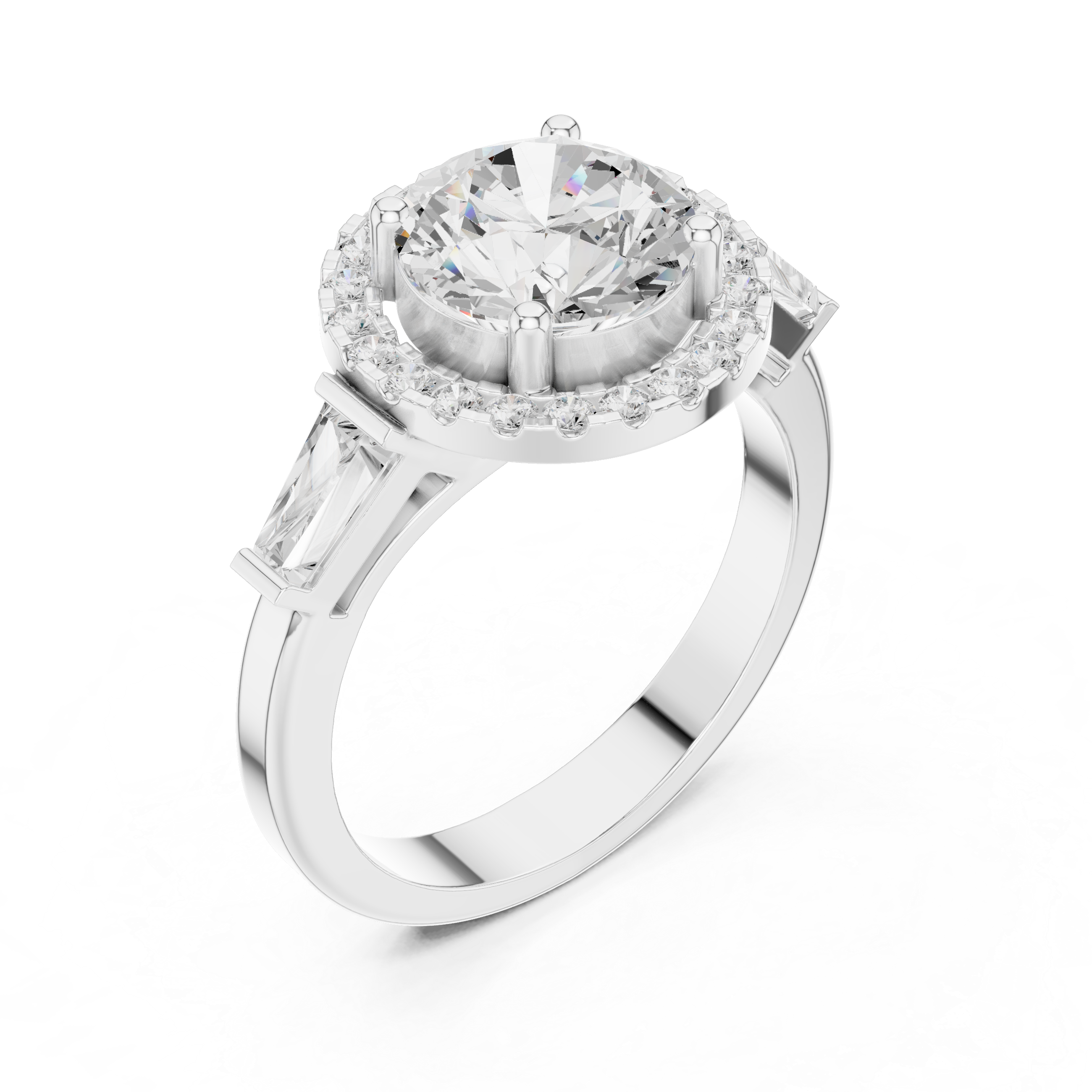 Round cut diamond halo ring with tapered baguette side stones.