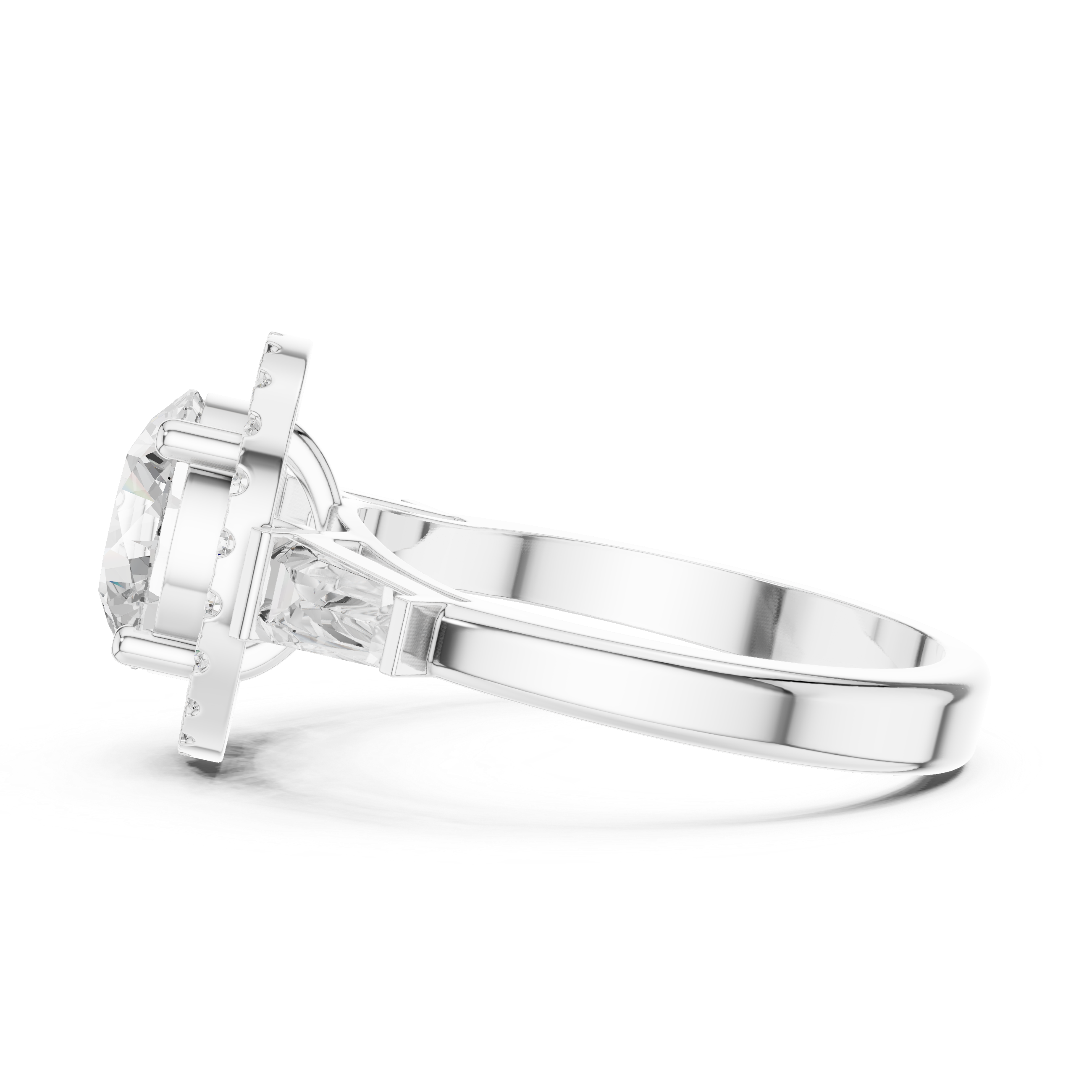 Round cut diamond halo ring with tapered baguette side stones.