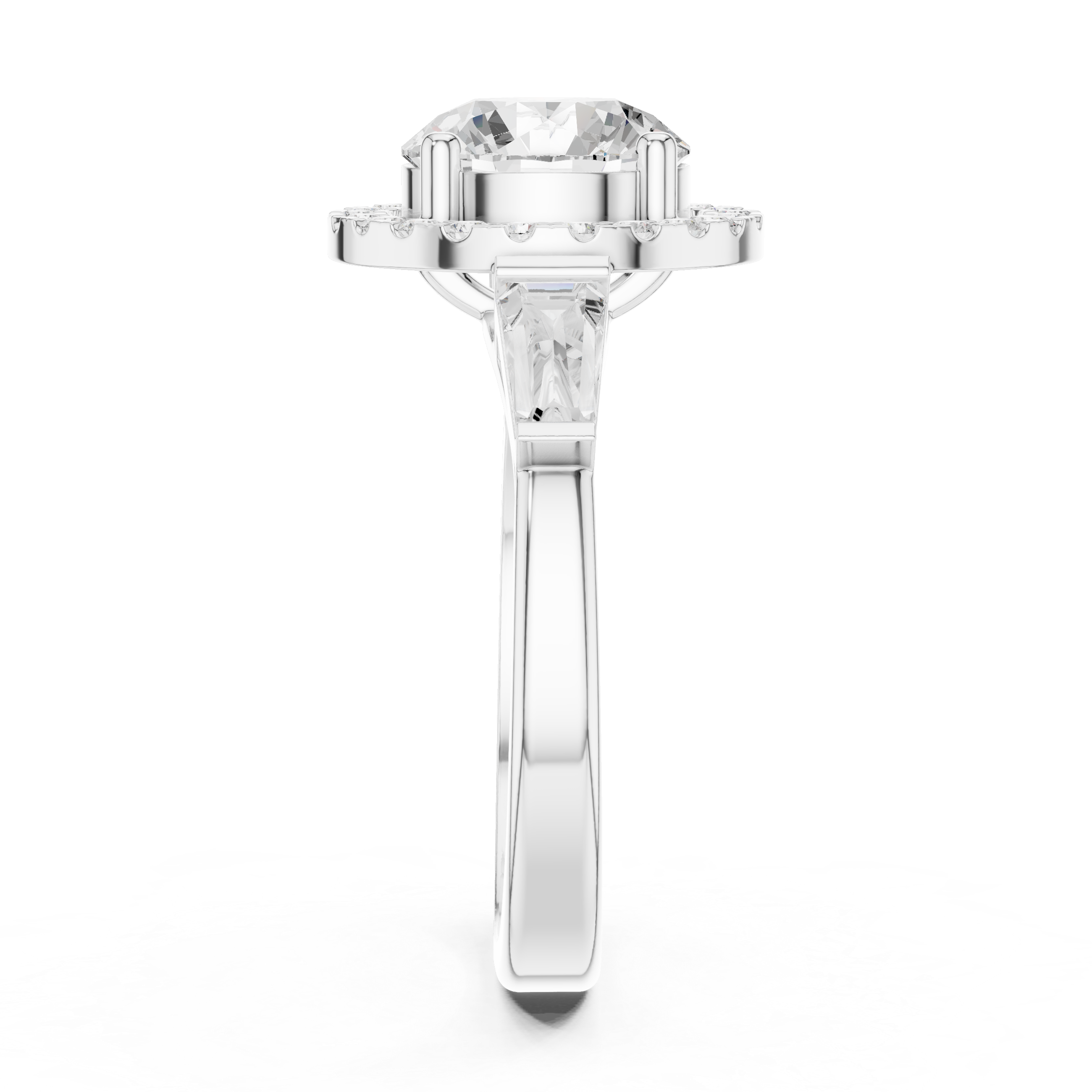 Round cut diamond halo ring with tapered baguette side stones.