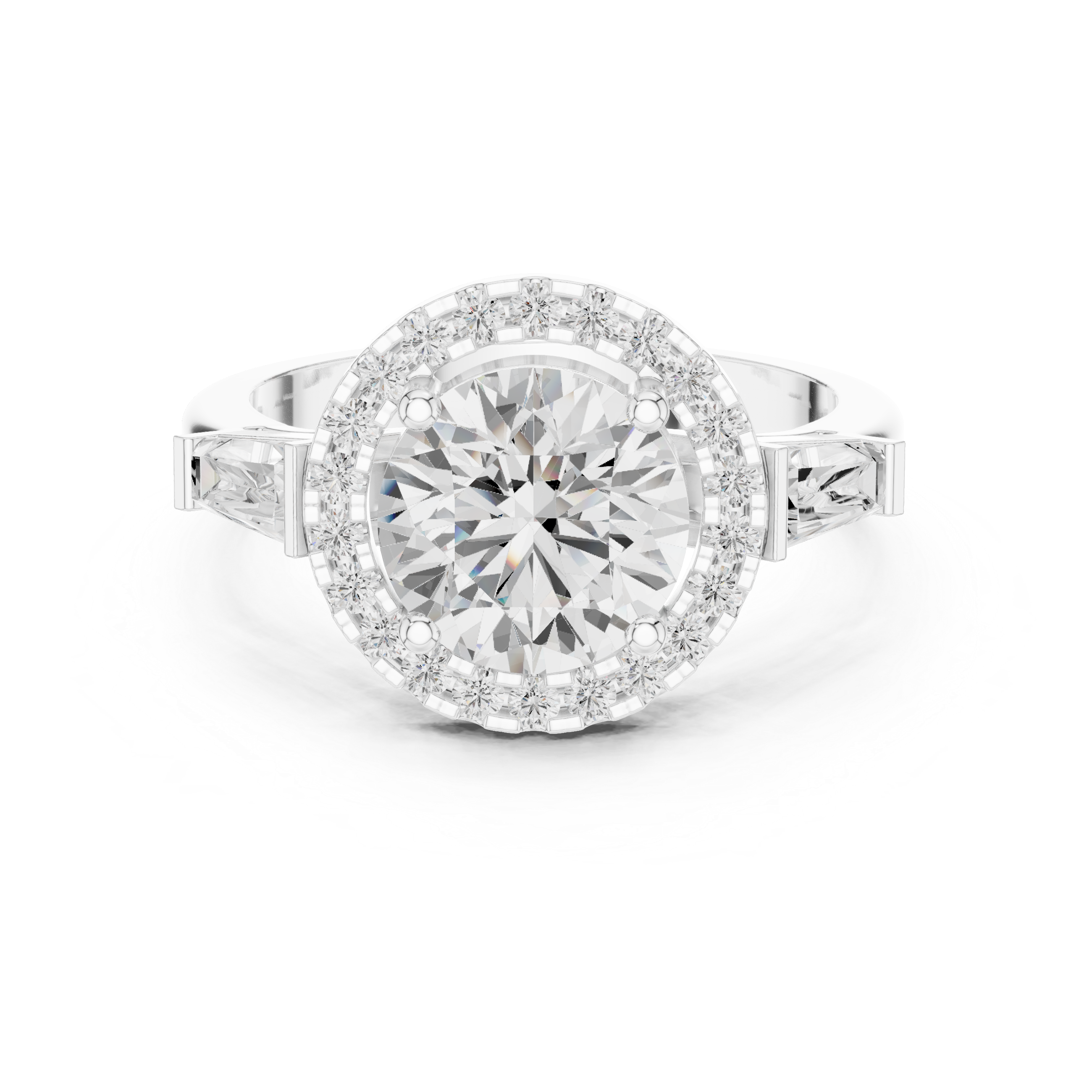 Round cut diamond halo ring with tapered baguette side stones.