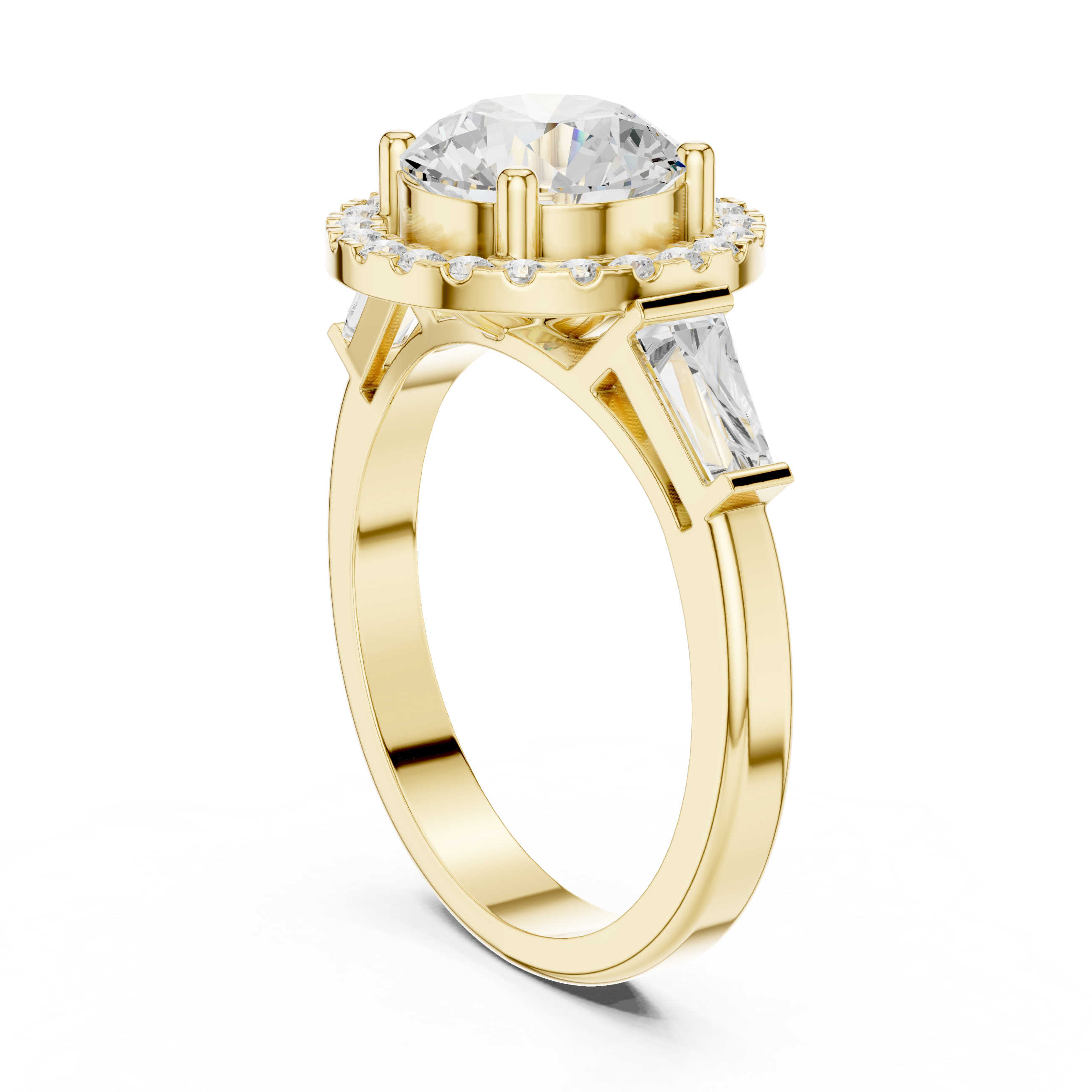 Round cut diamond halo ring with tapered baguette side stones.