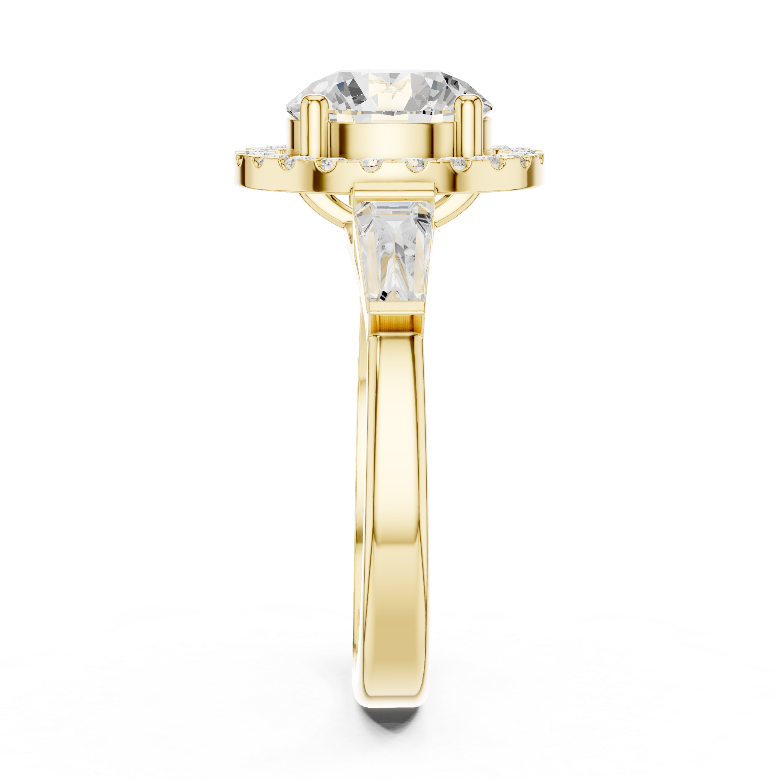 Round cut diamond halo ring with tapered baguette side stones.