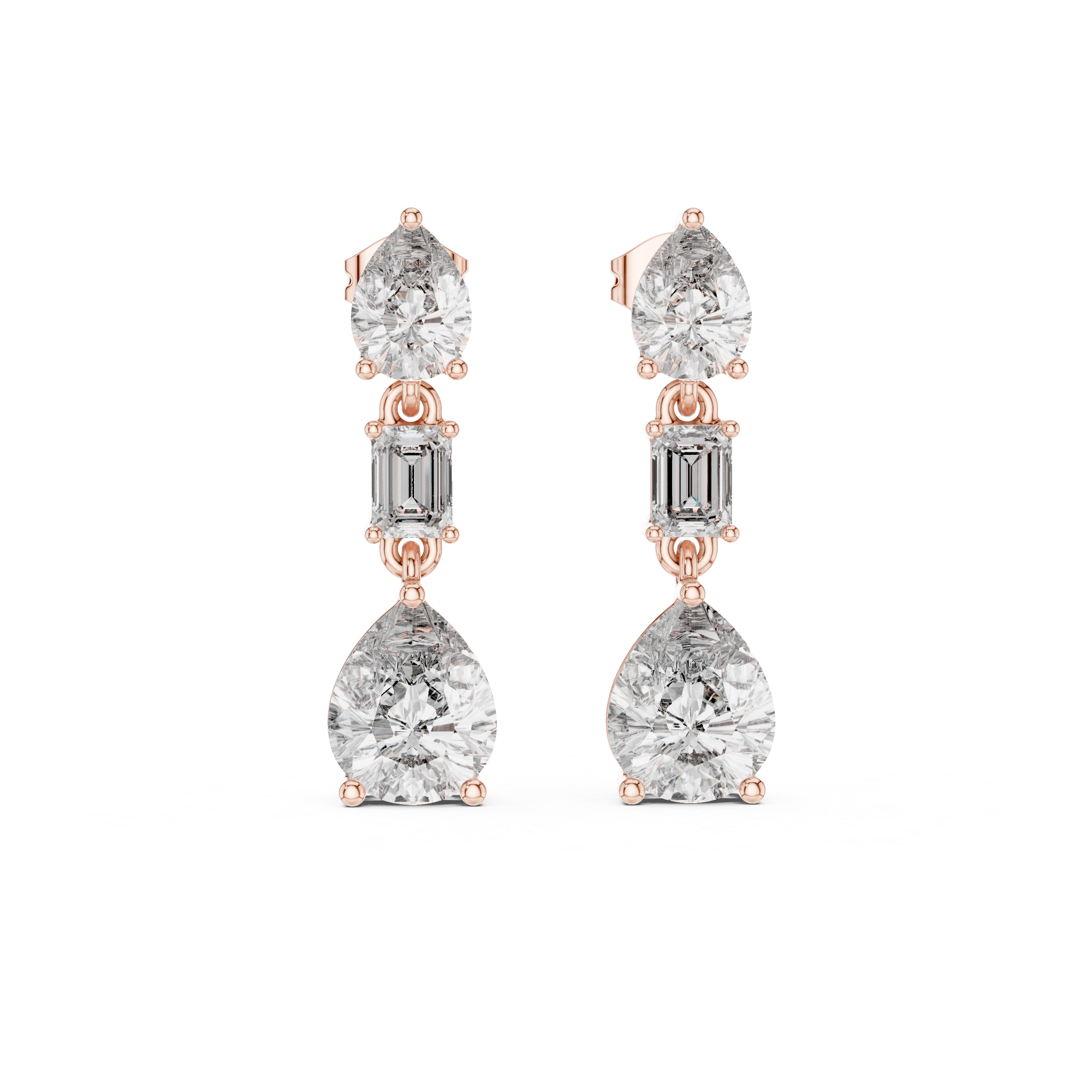 Trio Radiance: Drop Earrings with Pear, Emerald, and Round Diamonds