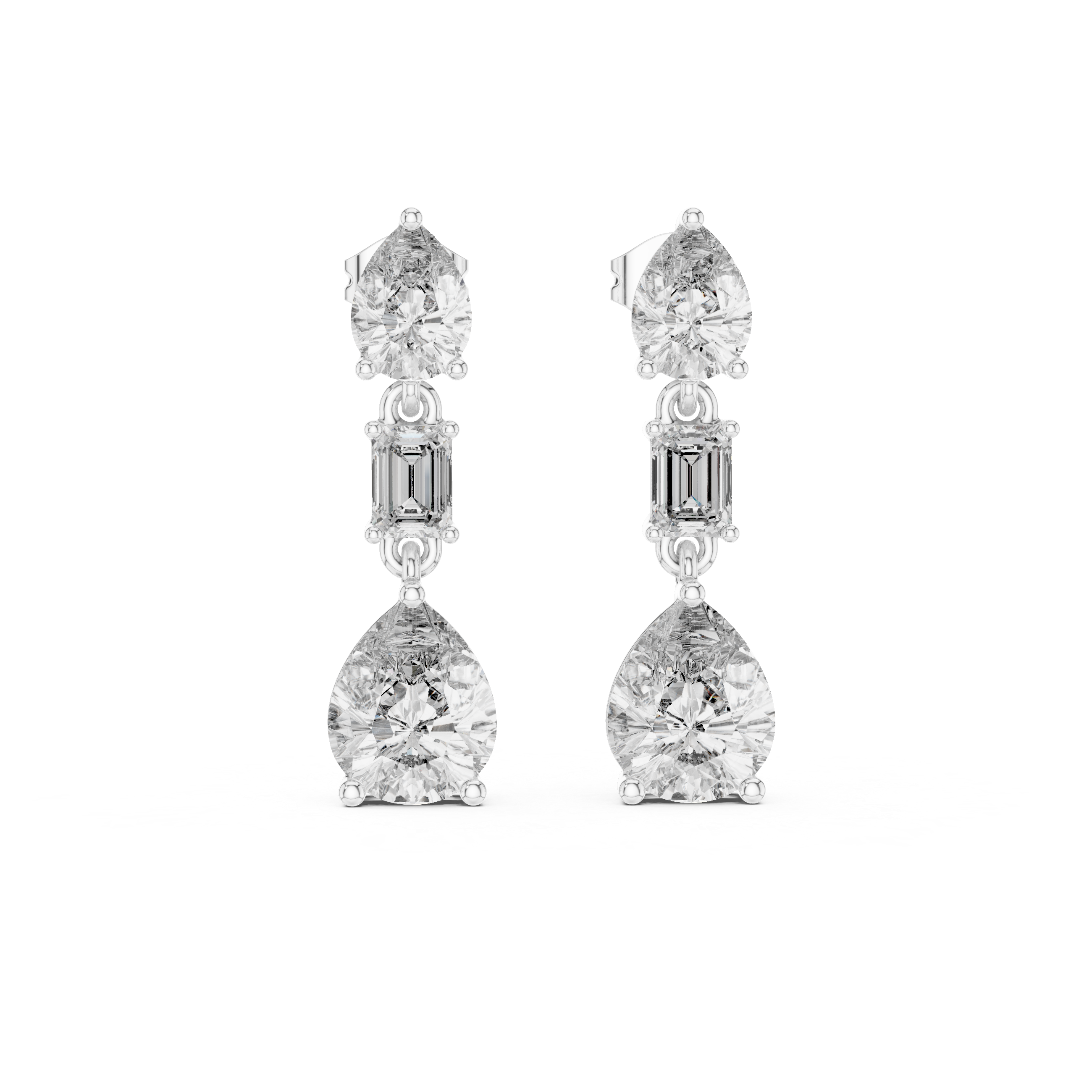 Trio Radiance: Drop Earrings with Pear, Emerald, and Round Diamonds