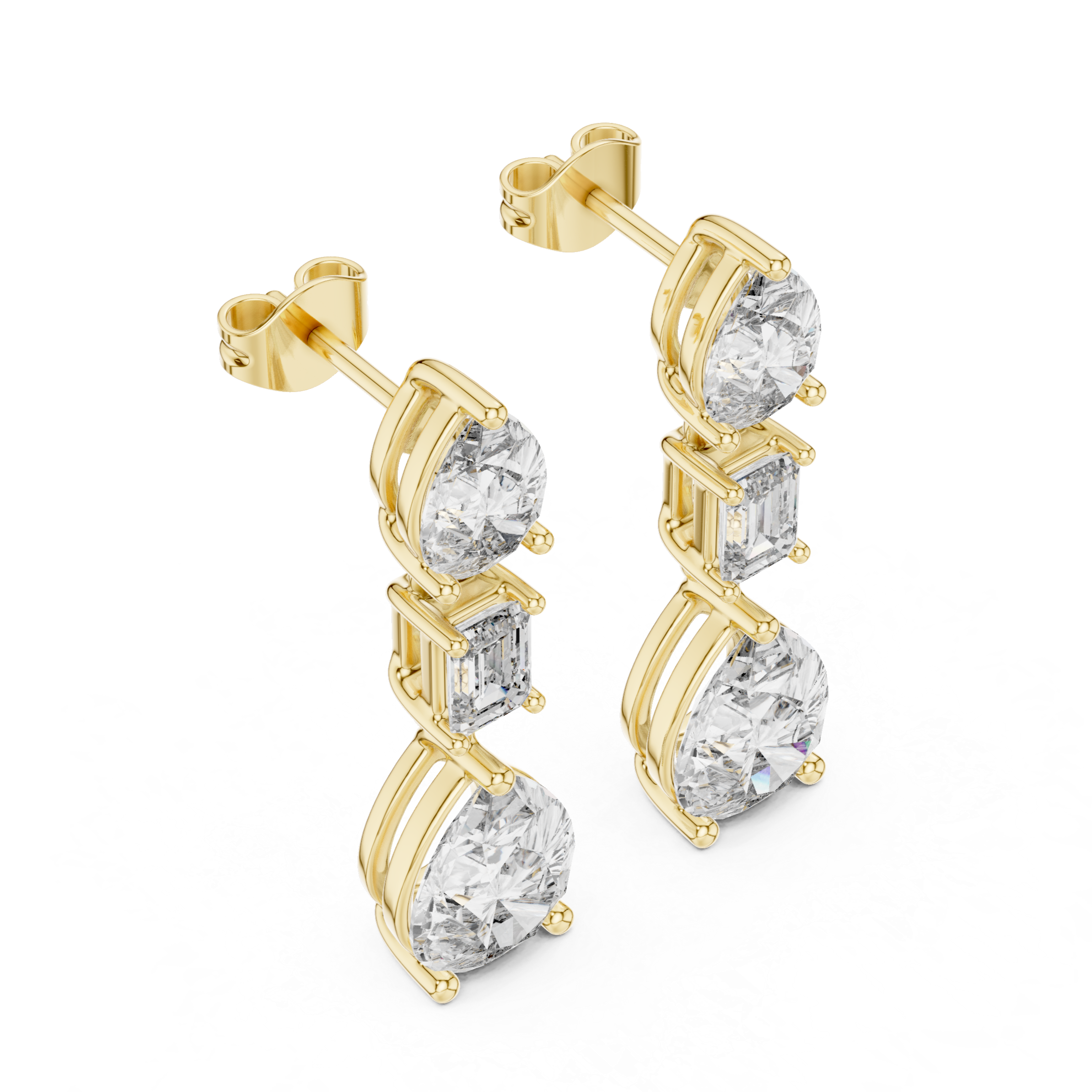 Trio Radiance: Drop Earrings with Pear, Emerald, and Round Diamonds