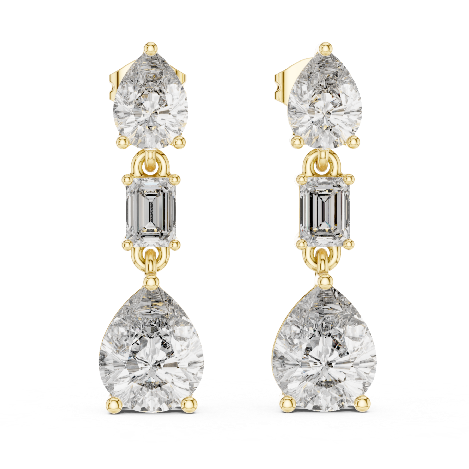 Trio Radiance: Drop Earrings with Pear, Emerald, and Round Diamonds