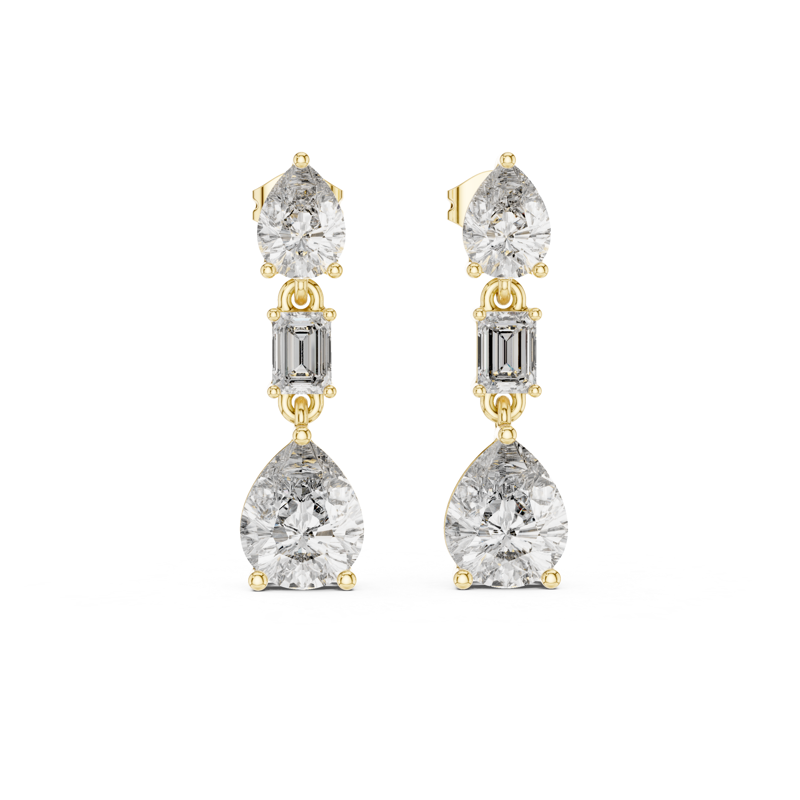 Trio Radiance: Drop Earrings with Pear, Emerald, and Round Diamonds