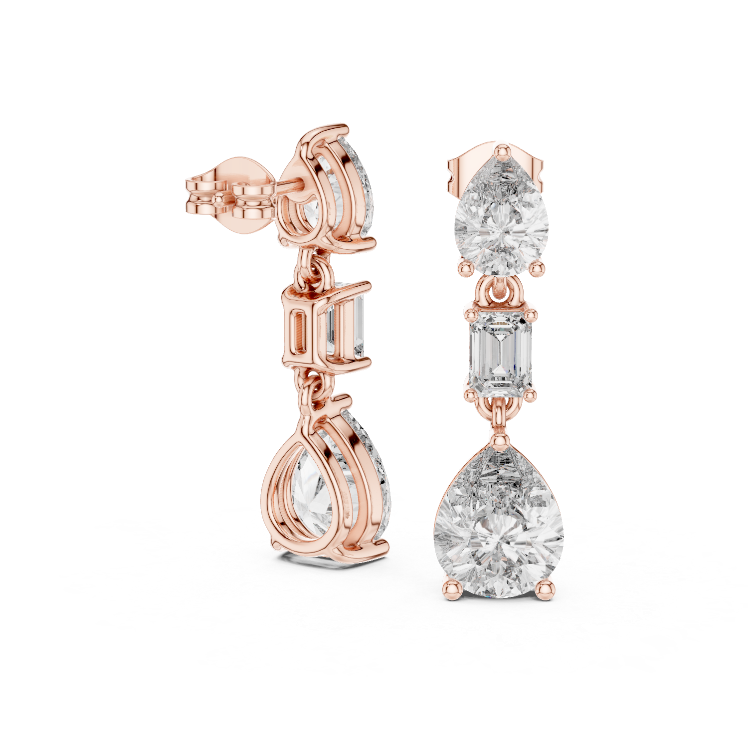 Trio Radiance: Drop Earrings with Pear, Emerald, and Round Diamonds