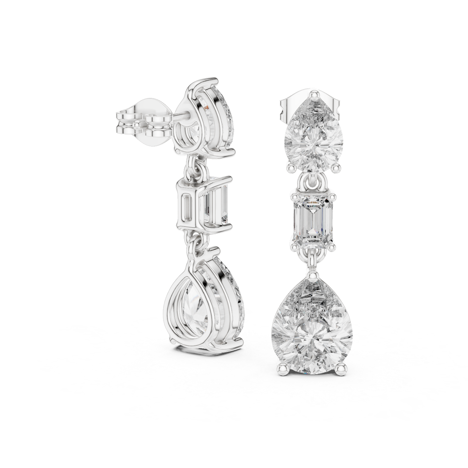 Trio Radiance: Drop Earrings with Pear, Emerald, and Round Diamonds