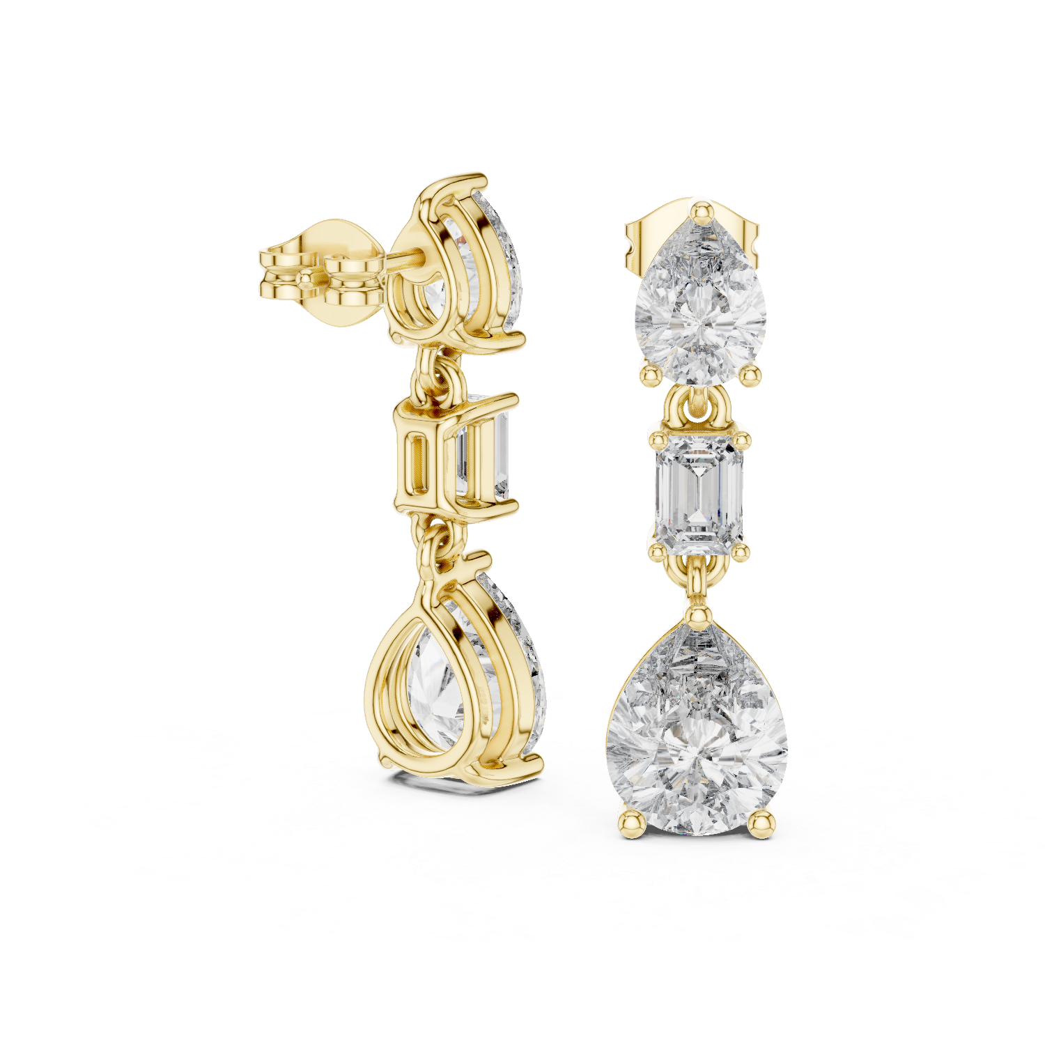 Trio Radiance: Drop Earrings with Pear, Emerald, and Round Diamonds