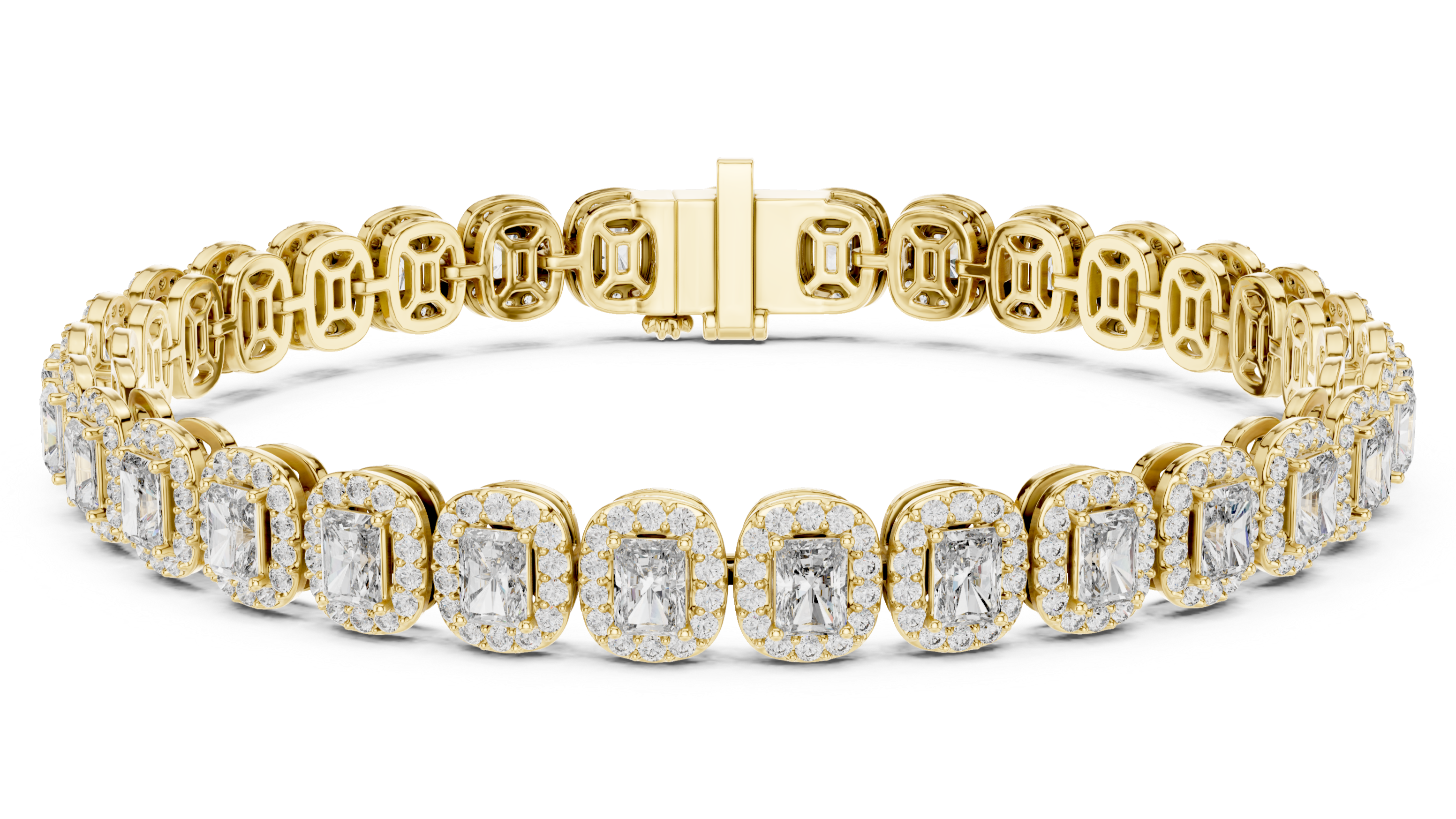 Vintage Inspired Gold Bracelet With Halo set Emerald Cut Diamonds